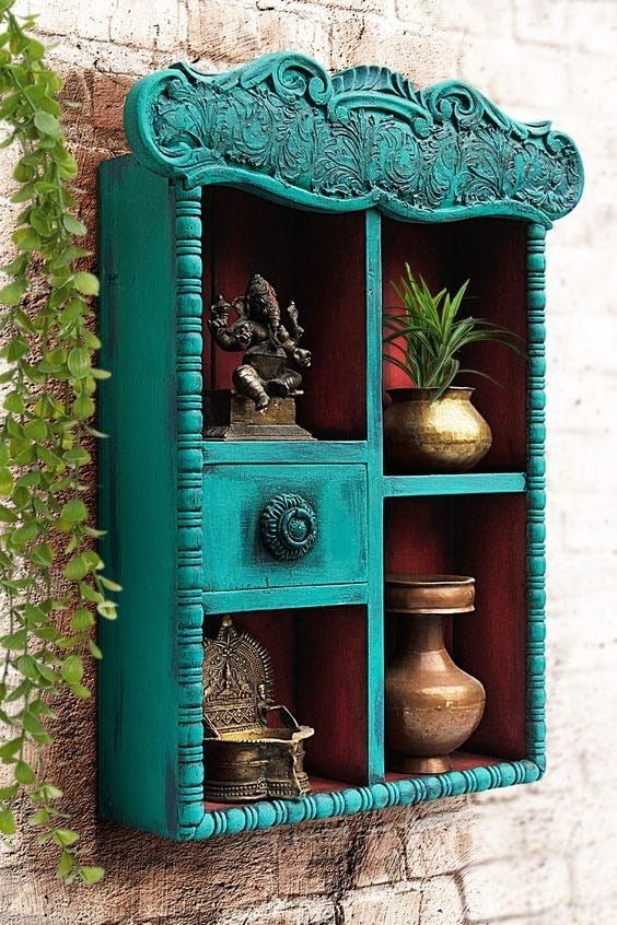 J.L.HOME DECOR Vintage Blue Hand Carved Wooden Wall Shelf Cabinet-image-48