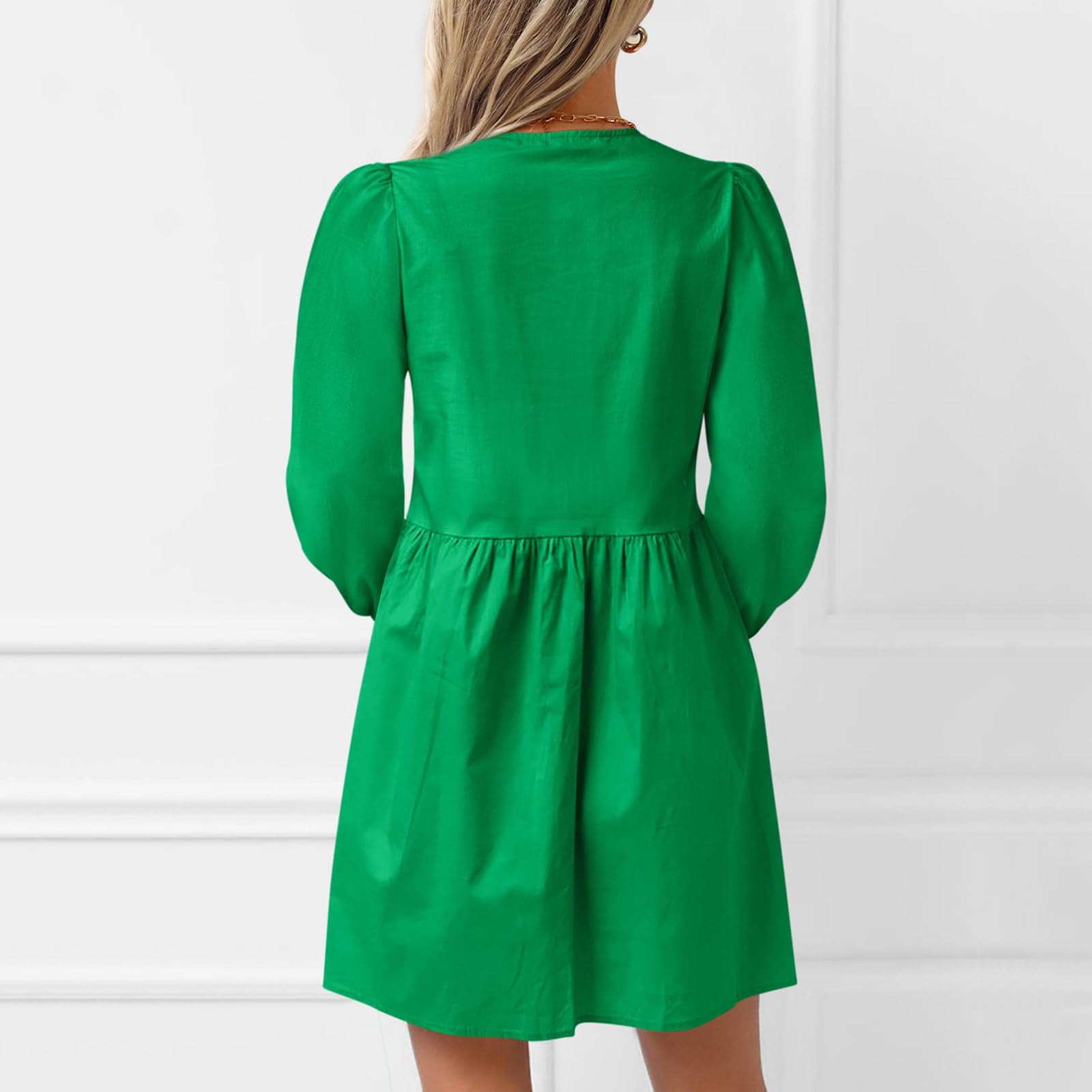 Robe Mini péplum à Manches Longues Bouffantes et nœud Papillon sur Le Devant pour Femme, Robes d'automne,Robe Courte à Volants en Ligne A, Robe Tunique Fluide Mignonne (Green,L)
