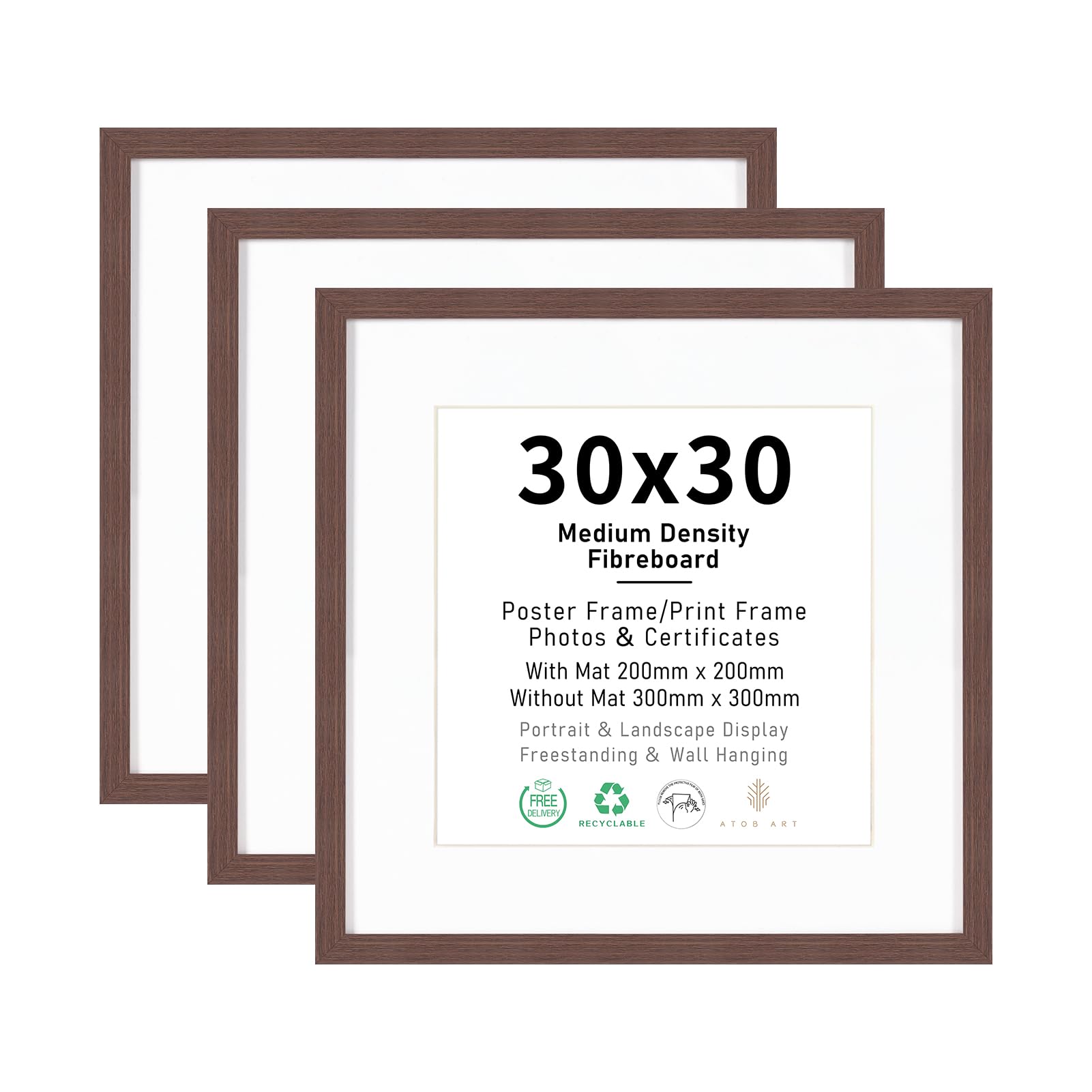 30x30 Picture Frame Set of 3, Display 20x20cm or 30x30cm Images, Terracotta Brown Wood Photo Frames for Wall Mounting Display