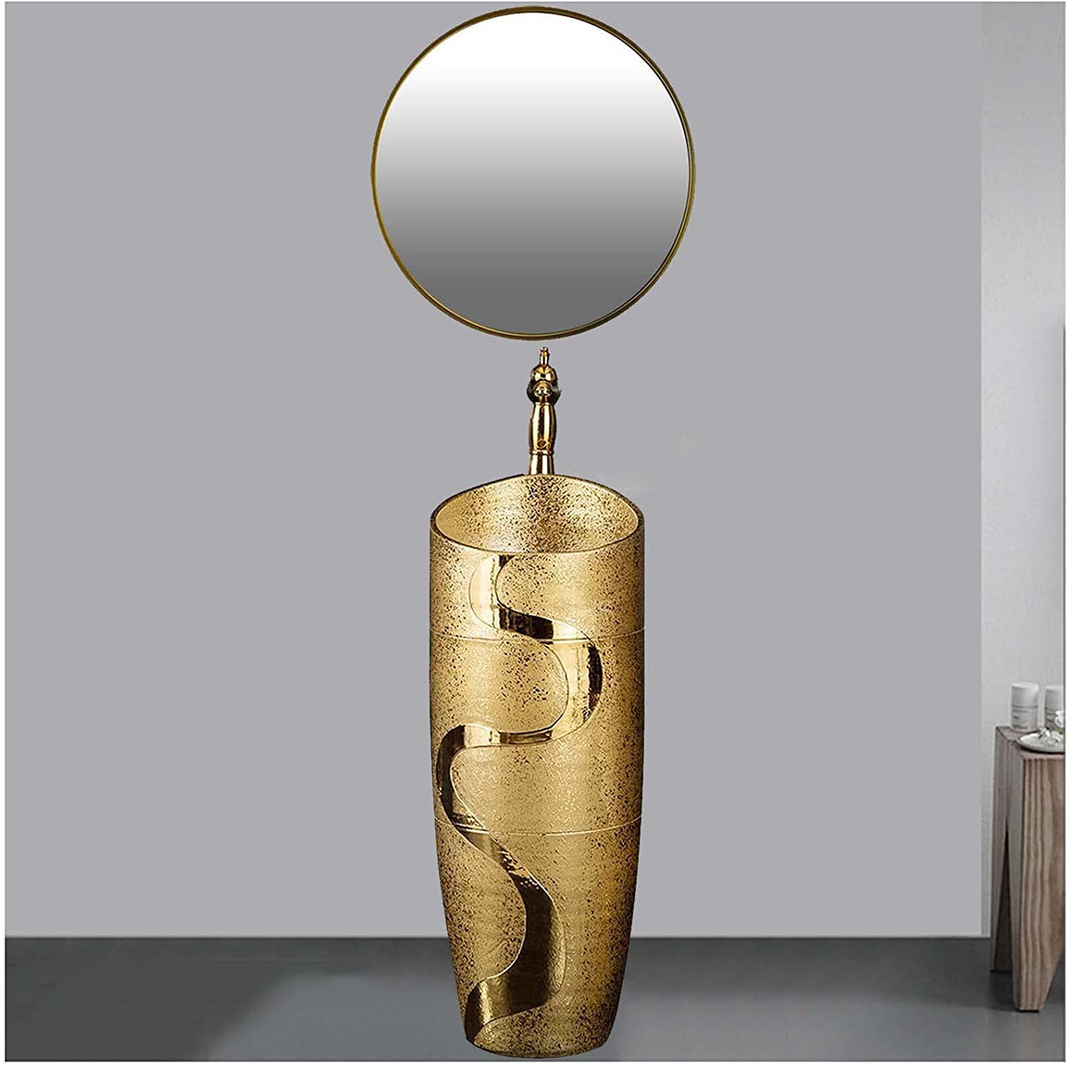 WDSOPK Freestanding Pedestal Sink Hotel Art Basin, Bathroom Sink, Lavatory Compact Gold Plated for Indoor and Outdoor (D With Mirror)
