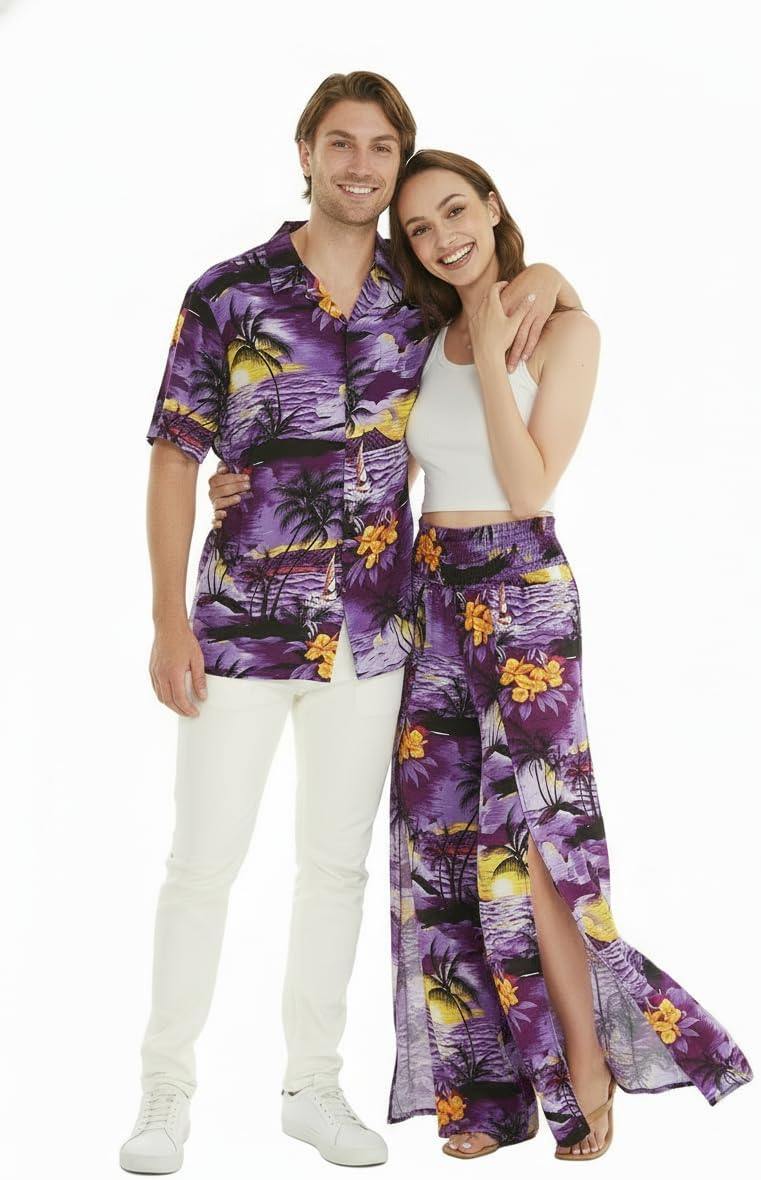 Matchable Couple Hawaiian Luau Shirt or Wide Legged Pants in Sunset Purple