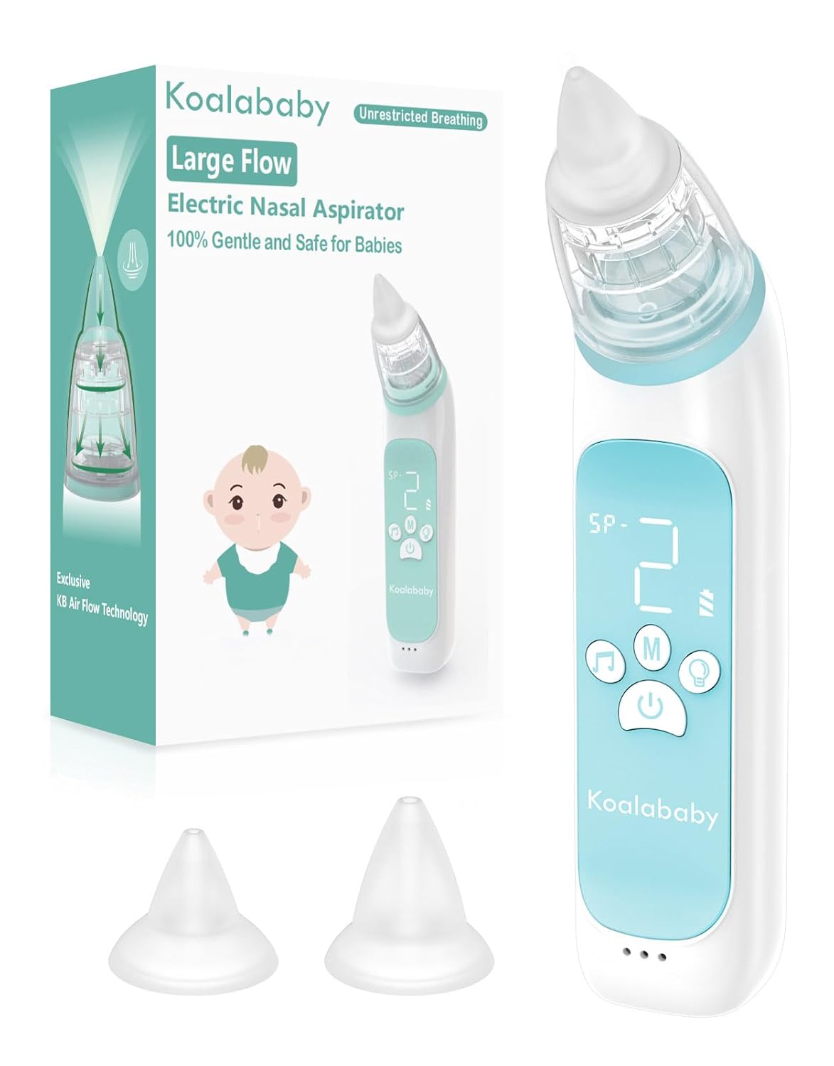 Koalababy Large Flow Electric Nasal Aspirator for Baby, Safe Baby Nose Sucker, Nose Cleaner for Toddlers, 3 Suction Levels, Music & Light Soothing Function, Blue