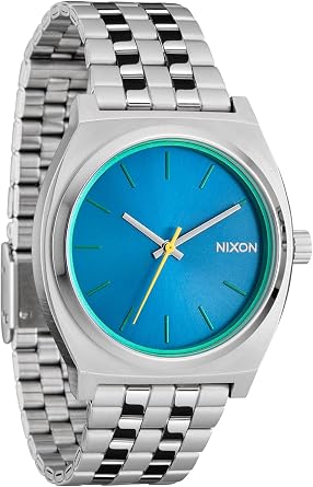 Nixon Time Teller A045. 100m Water Resistant Watch 37mm Stainless Steel Watch Face, Silver/Byron Blue, Time Teller