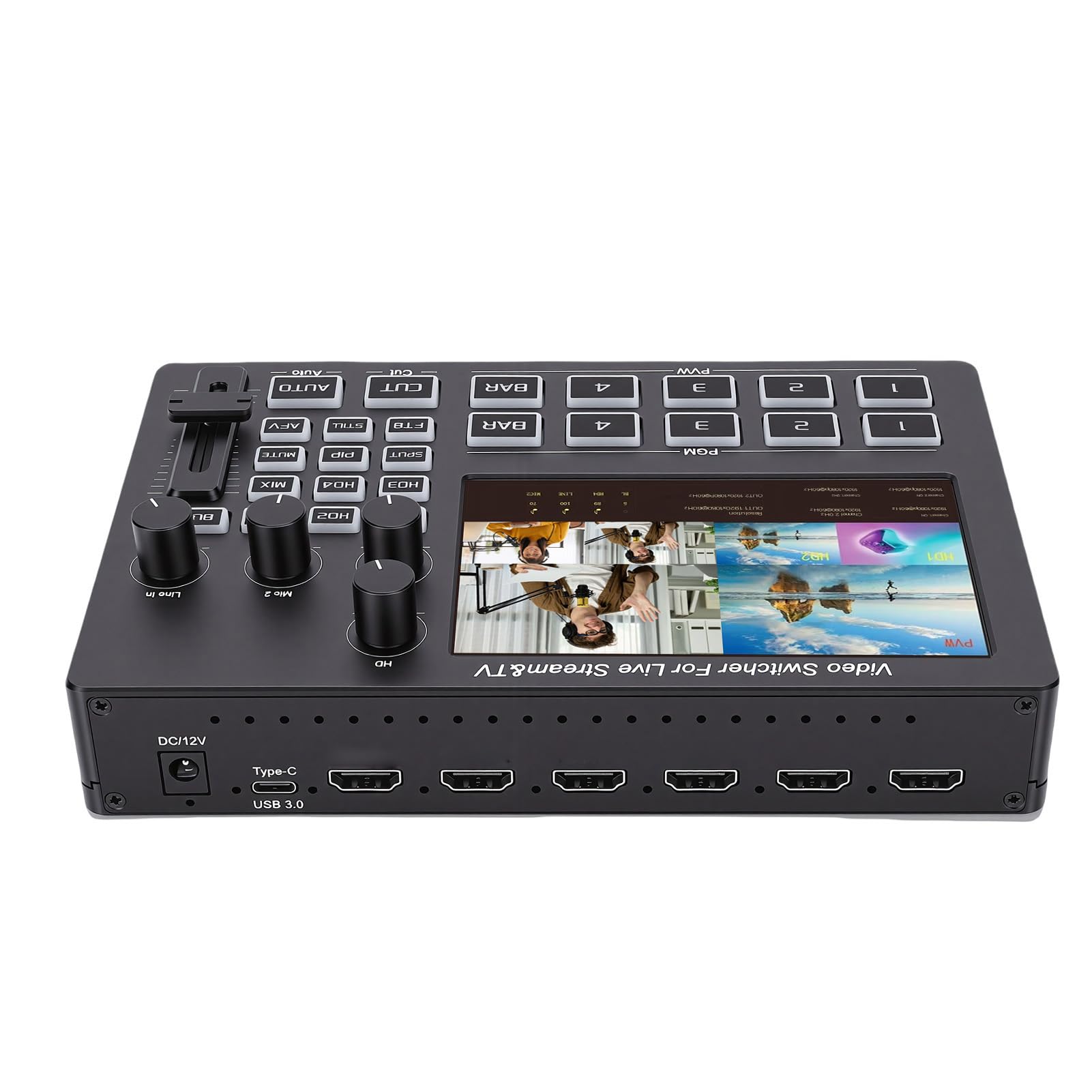 Jectse Switcher Video 4K con Schermo da 5 Pollici, Interfaccia Multimediale HD a 4, Visualizzazione Multipla in Tempo Reale, 30 Effetti di Transizione, Chiave Cromatica, PIP, per (Spina europea)