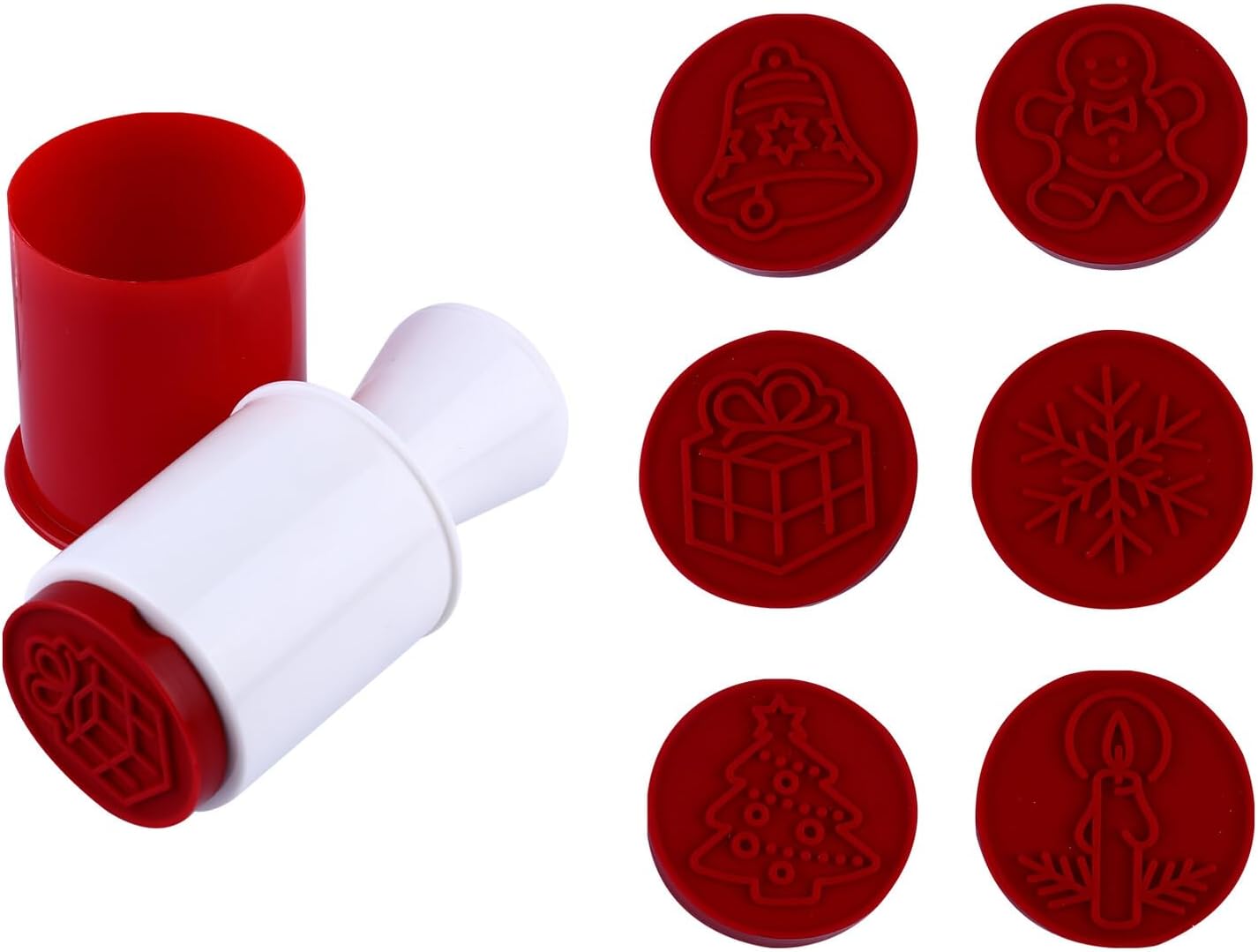 HEMOTON 6pcs Christmas Cookie Stampers Baking Tool Silicone Xmas Biscuit Moulds Red Set for Holiday Baking and Cookie Decorating