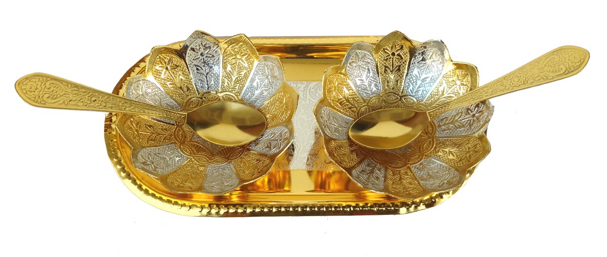 Rastogi Handicrafts Brass Bowl & Tray Set - Silver/Gold Plated, 5-Piece, Decorative Serving Set - View #5