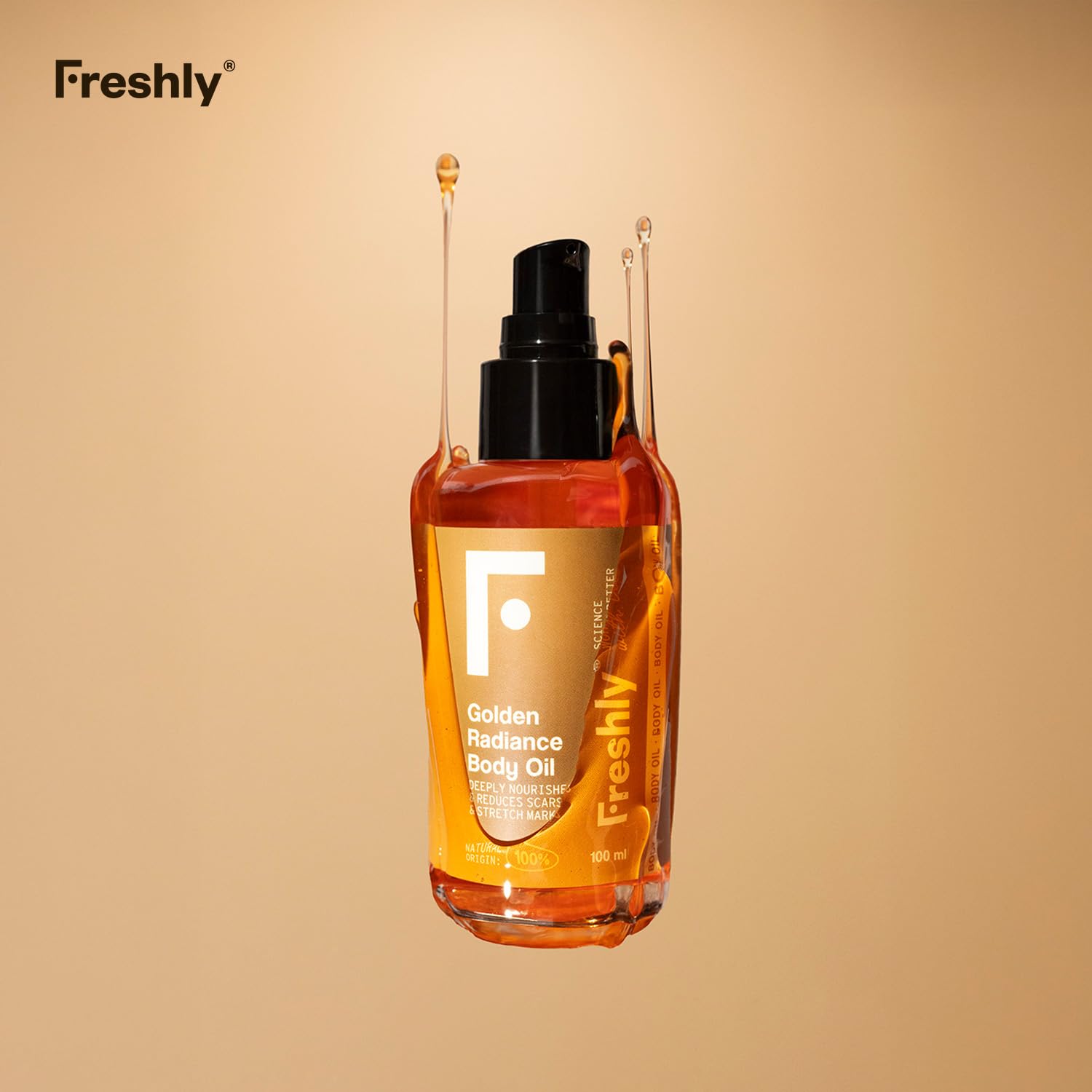 Freshly - Aceite Corporal Natural Golden Radiance Body Oil - Hidratante y Reafirmante - Con 12 Aceites Vegetales - Ideal para Estrías y Cicatrices - Apto Embarazo - 100 ml
