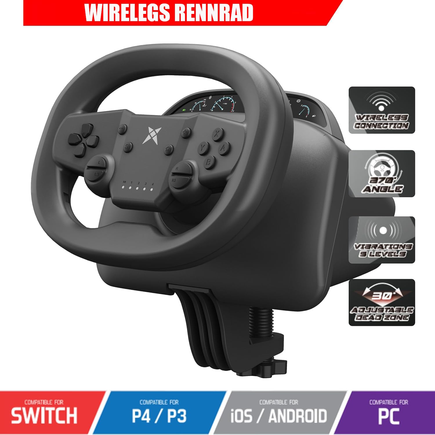 NBCP Gaming Lenkrad mit Pedalen,270 Grad PC Rennrad mit Dual-Vibration-Motoren,Drahtlose Bluetooth-Verbindung Lenkrad für P-4, PC, Switch, P-3, IOS, Android Rennspiele