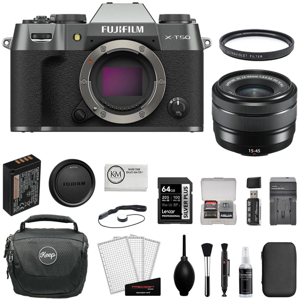 FUJIFILM X-T50 Mirrorless Camera with XF 16-50mm f/2.8-4.8 Lens (Charcoal Silver) + 64GB Card + UV Filter + Battery Charger + Card Reader + Bag + Cleaning Kit (12 Items)