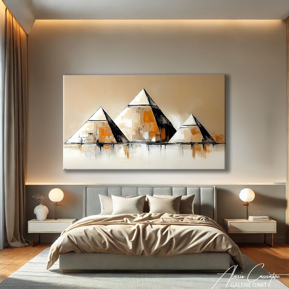 Cuadro egipcio Pirámide – Mural decorativo en Egipto – Lienzo impreso en pared, color beige – Deco de pared, elegante salón, – Cuadro egipcio – Impresión sobre lienzo – Idee Deco Bureau (80 x 60 cm)