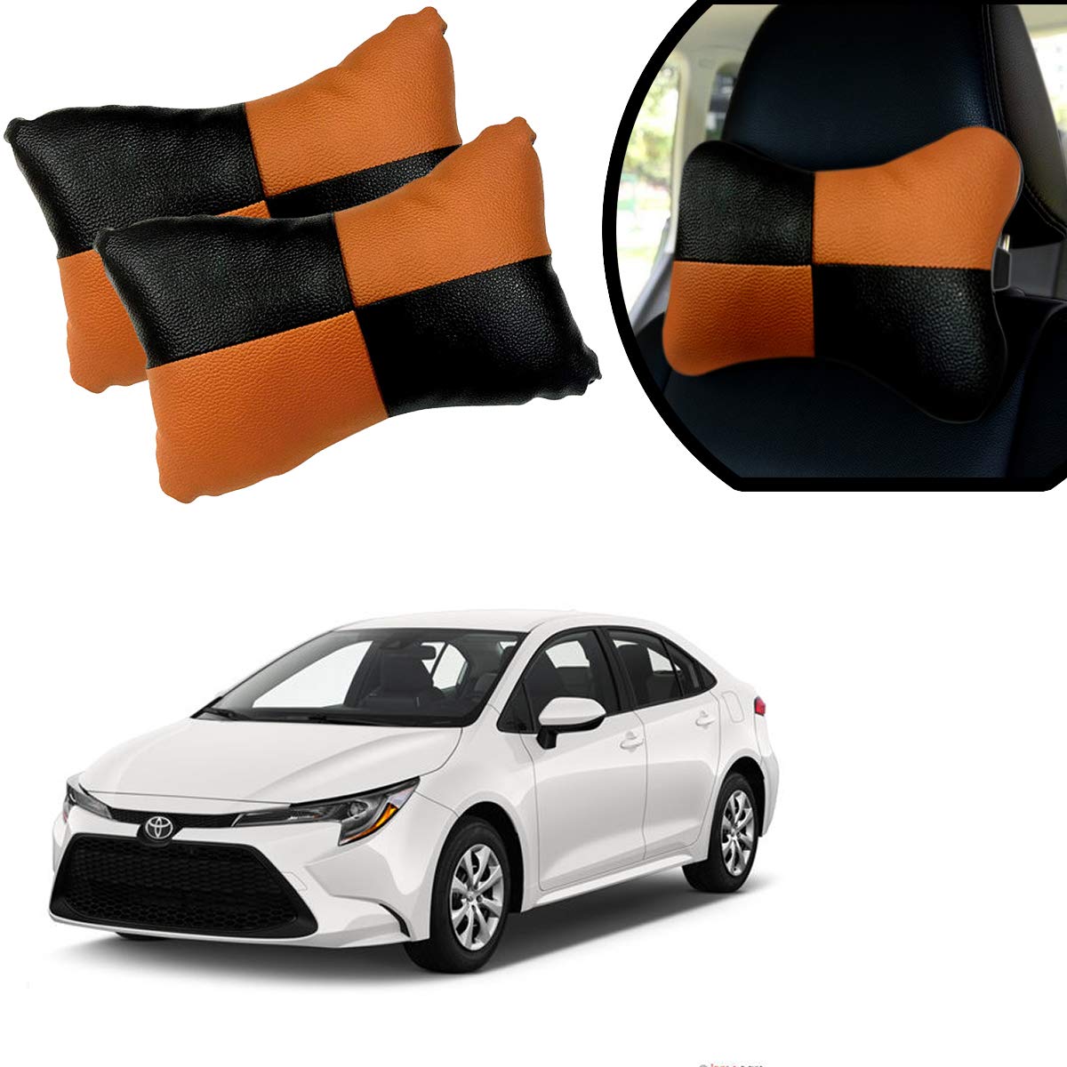PulGos Orange Universal Neck Rest Pillow Faux Leather Material in Check Design for All Cars_1120