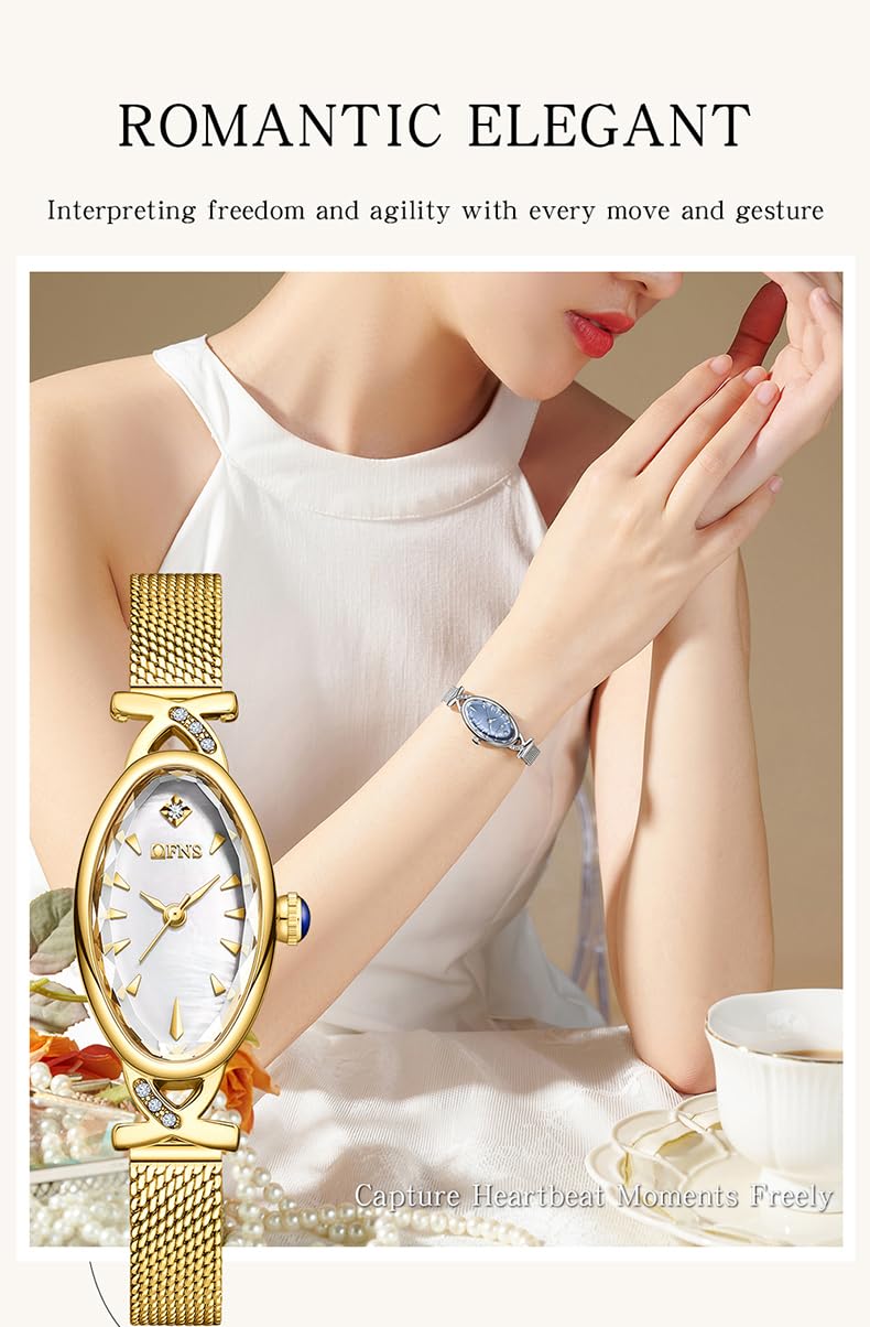 FANMIS Goldene Damen-Armbanduhr, Vintage, oval, Damenarmband, wasserdicht, elegantes Diamanten-Design, Quarzuhren, Leder- oder Mesh-Band