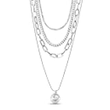 14K Gold Plated Brass Necklace - Four Row Layered Pendant Chain Necklace for Women, White With Stone