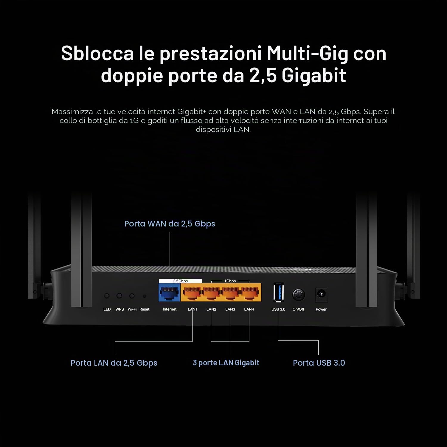 TP-Link Router Archer BE230 Dual Band BE3600 Wi-Fi 7 | 4 trasmissioni | 2 porte 2,5G + 3 x 1G, USB 3.0, 2.0 GHz Quad Core, 4 antenne | VPN, EasyMesh, HomeShield, MLO, IOT privato |