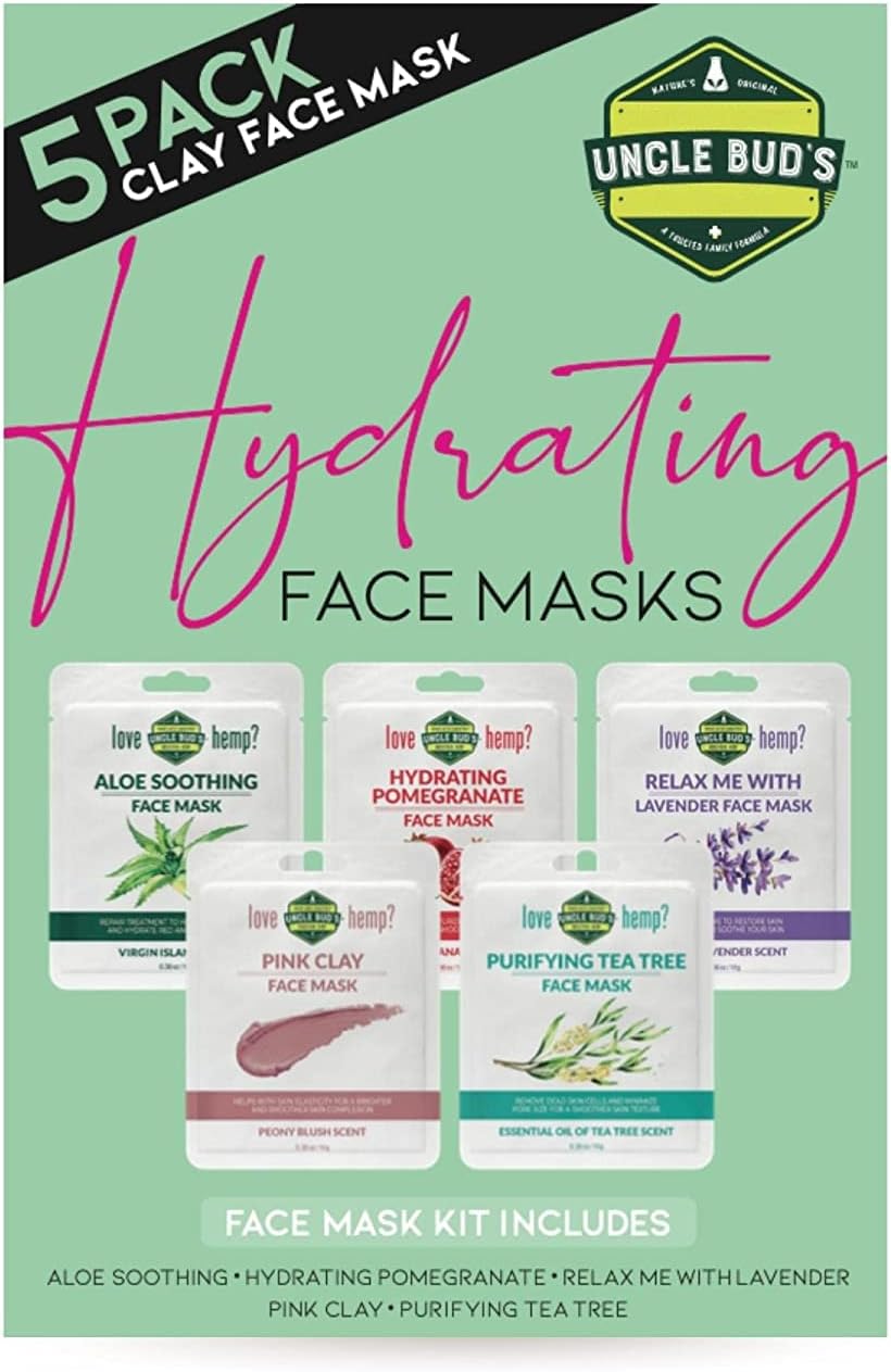 Uncle Bud’s Hemp 5-pack Hydrating Face Mask Kit contains 1 of each Hemp Aloe Soothing 1 Hemp Hydrating Pomegranate 1 Hemp Relax Me with Lavender, 1 Hemp Pink Clay, 1 Hemp Purifying Tea Tree