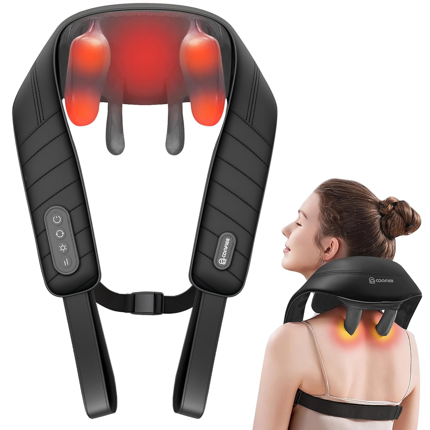COMFIER Cordless Neck Massager with Heat, 4D Kneading Neck and Shoulder Massager Deep Tissue, Shiatsu Neck Back Massager Pillow, 2 Heating Levels,Gifts for Mom Dad (DARK-GREY)