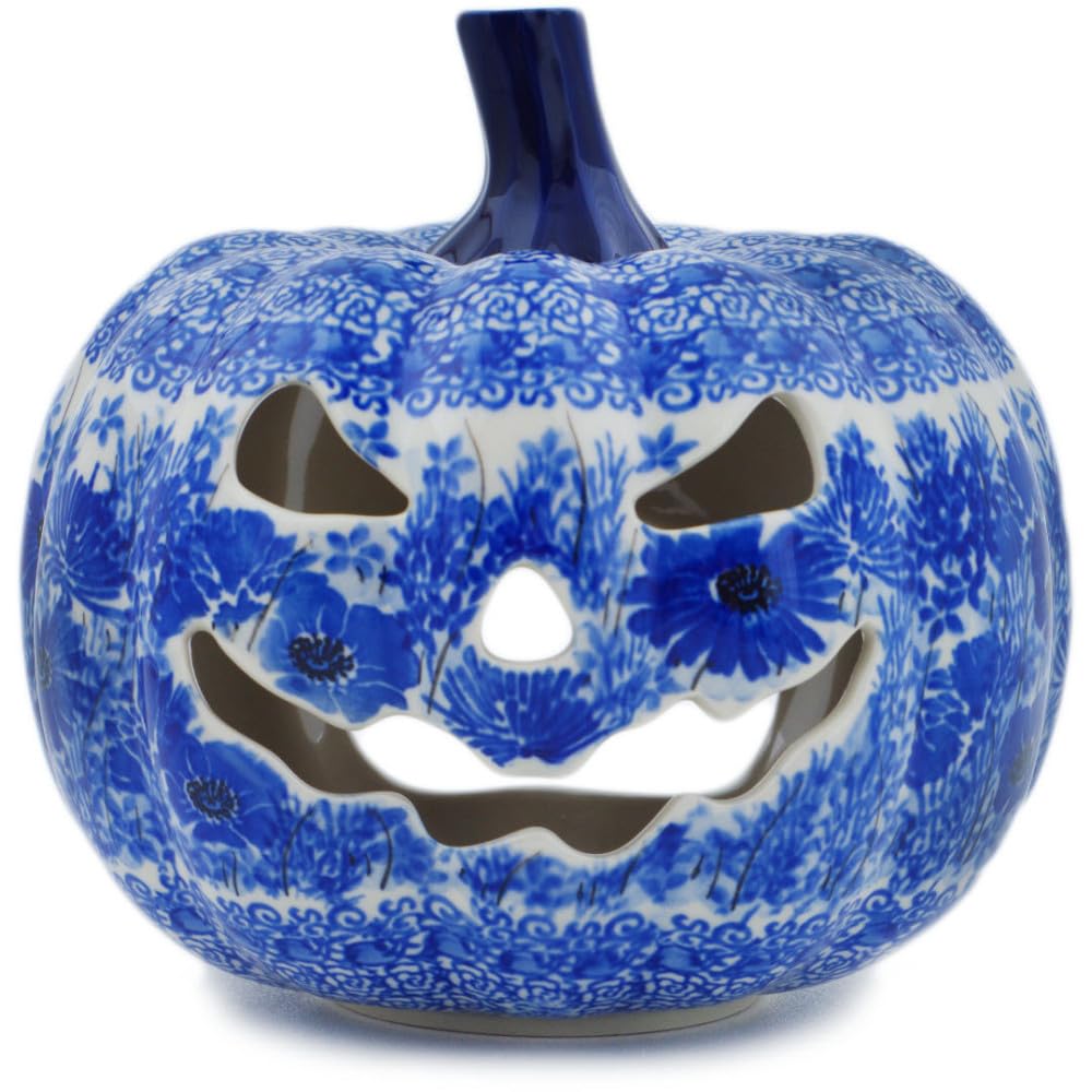 Authentic Polish Pottery Jack O Lantern Candle Holder Signature UNIKAT in Dreams in Blue Design Handmade in Boles?awiec Poland by Ceramika Artystyczna + Certificate of Authenticity