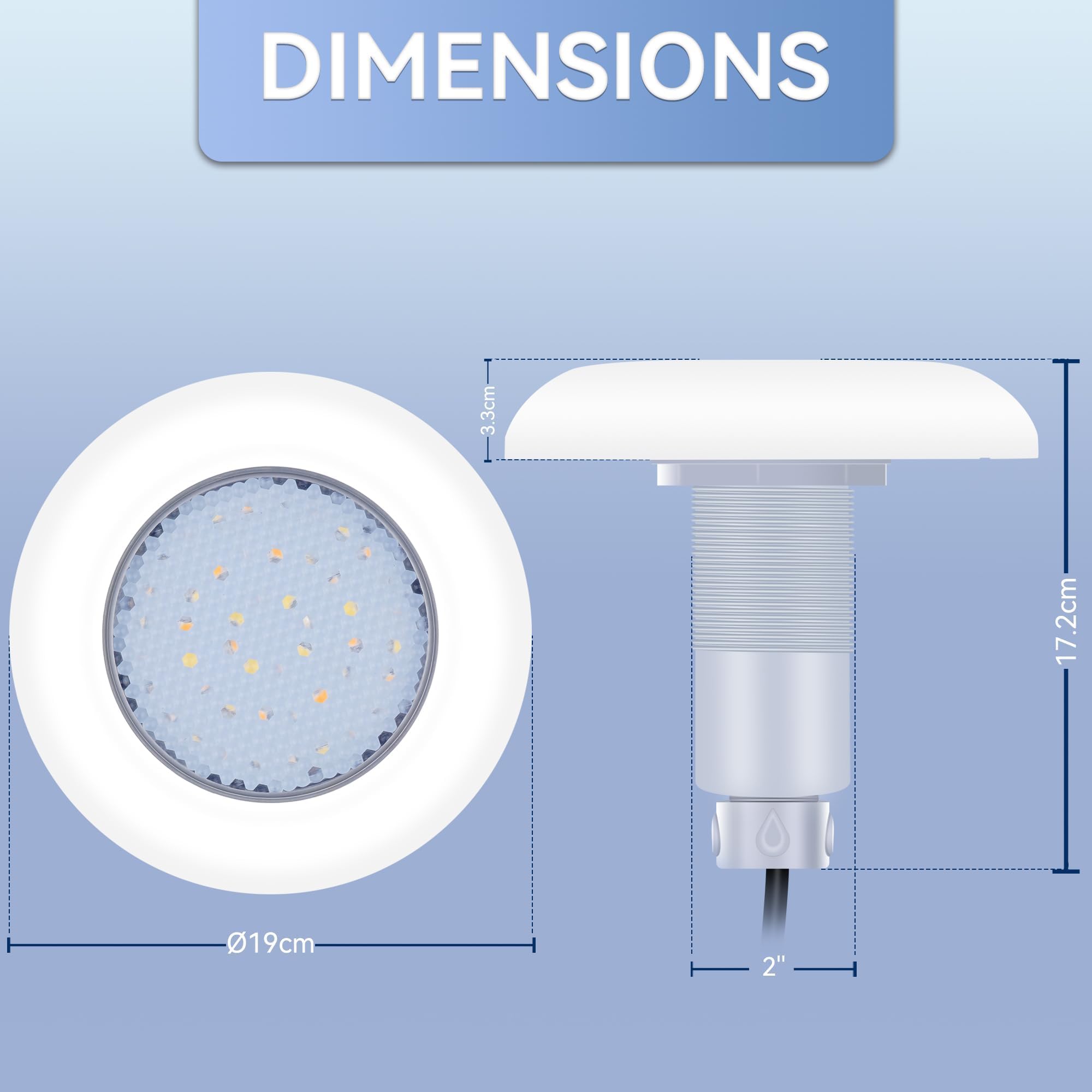 LyLmLe Faro Piscina LED con Filettatura Esterna 2", 12W Lampada LED Piscina 2 Colori Bianco 3000K & 6000K, Ø190mm, 12V AC Proiettore Piscinas per Prefabbricate Vetroresina Fuori Terra Acciaio