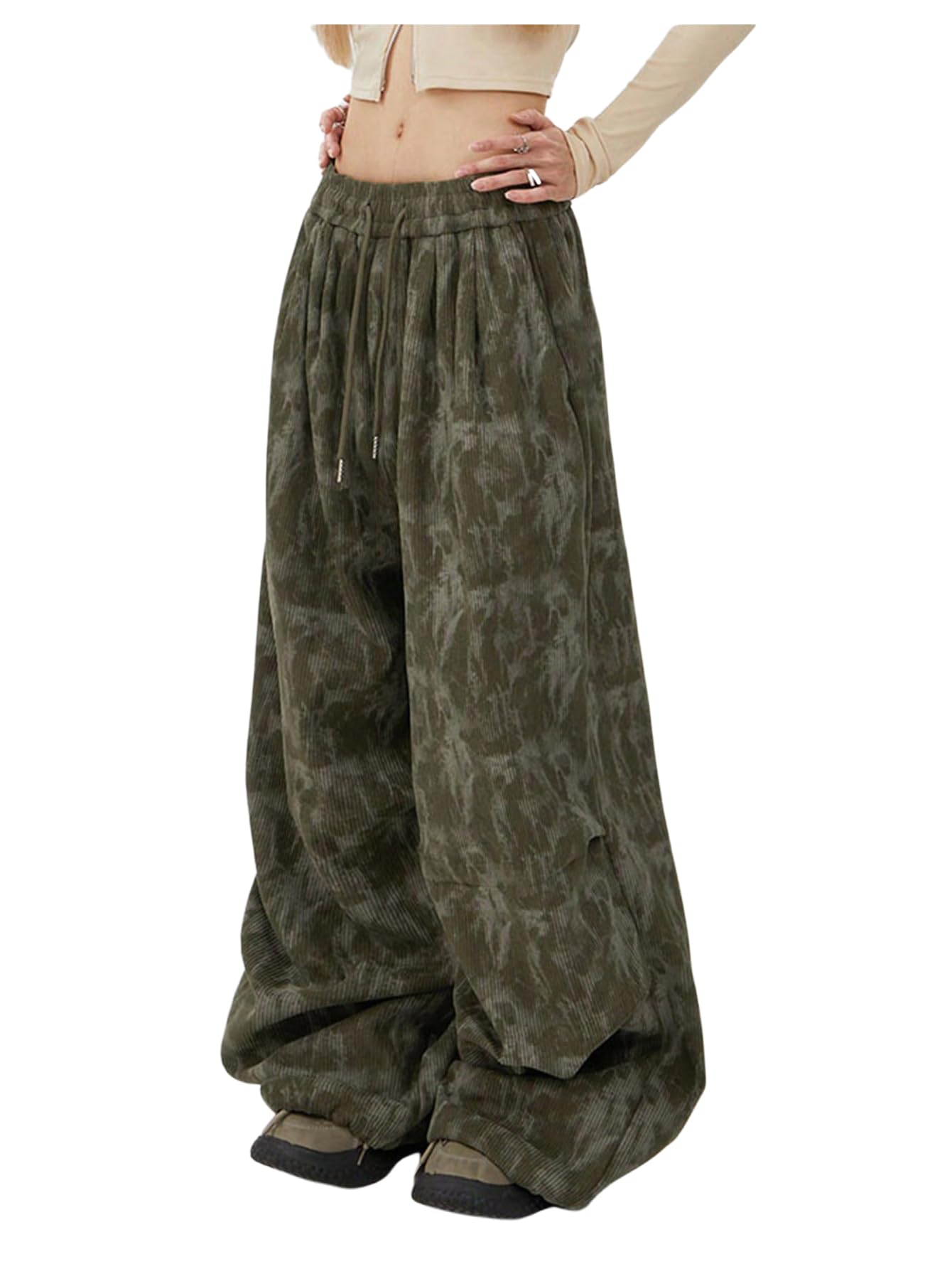 GORGLITTER Womens Low Rise Waist Baggy Corduroy Pants Y2K Wide Leg Sweatpants Athletic Workout Trousers Streetwear