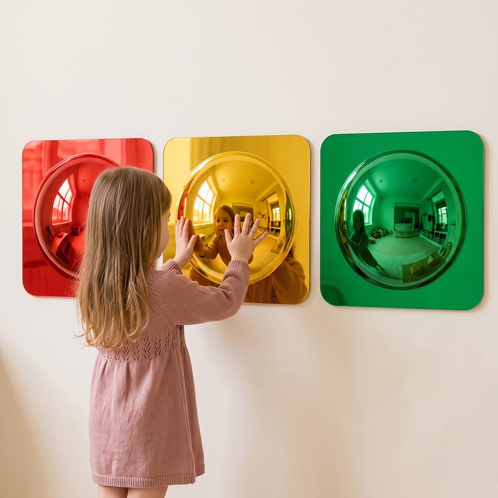 Kqwvz Red/Green/Yellow 3Pcs Bubble Convex Mirror Panel, 25.4×25.4Cm Sensory Mirror Acrylic Sensory Wall, Bubble Mirror Color Convex Mirror Toys, Bubble Mirrors For Autism Sensoryequipment, Calming Corner Items