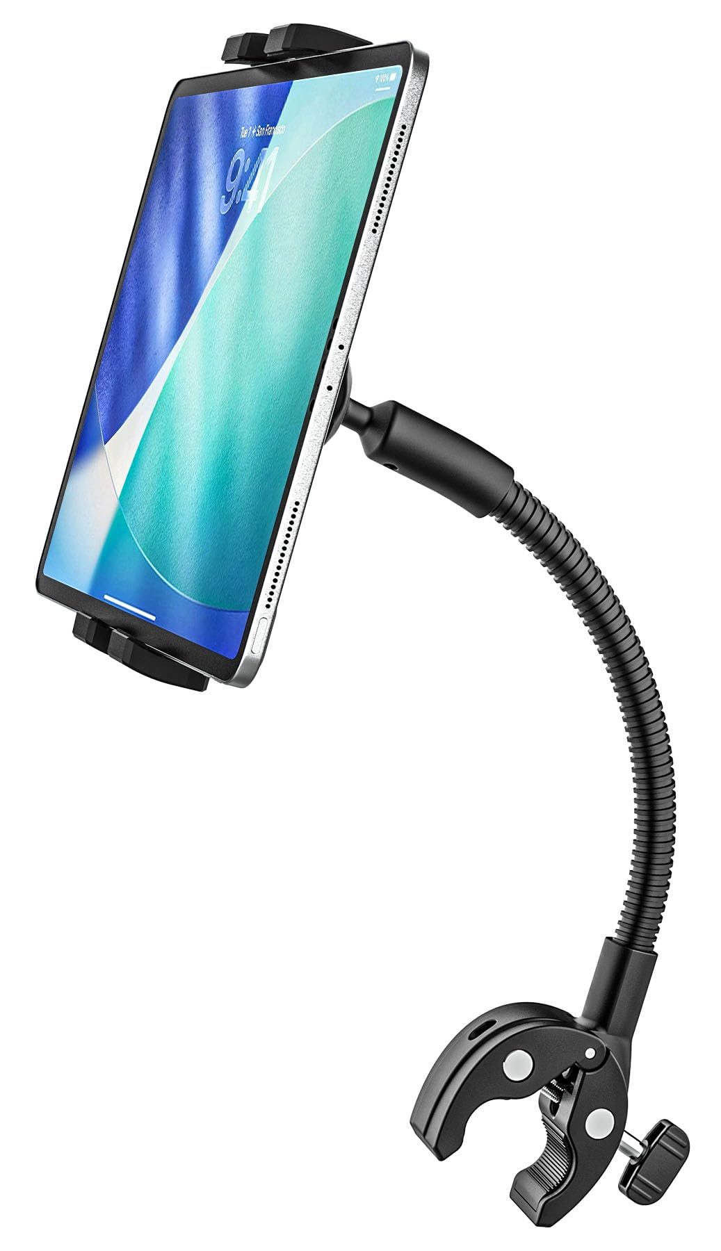 Oilcan Metalowy elastyczny uchwyt na tablet do wózka inwalidzkiego, wózka inwalidzkiego, roweru, bieżni, wózka - uchwyt na kierownicę typu gęsia szyja, zacisk drążka do tabletów i telefonów 10.2-33.0
