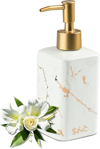 Dispensador de jabón dorado para encimera de baño, botella dispensadora de jabón cuadrado blanco con rayas doradas para fregadero de cocina, loción