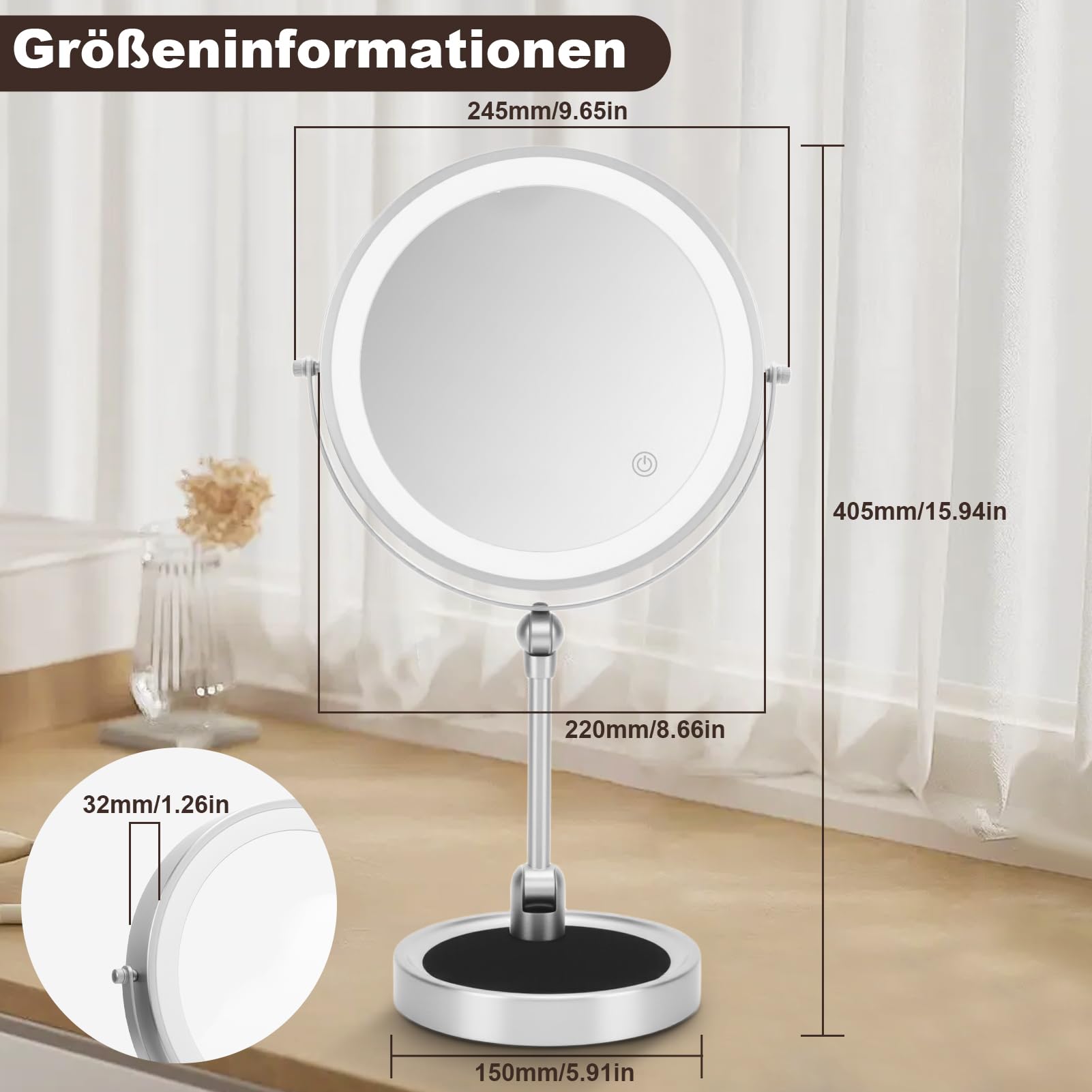 Lusterko Kosmetyczne z Oświetleniem LED, Powiększenie 1X/5X, 3 Kolorowe Światła, Ładowanie USB, Obrotowe 360°, Lustro Stołowe
