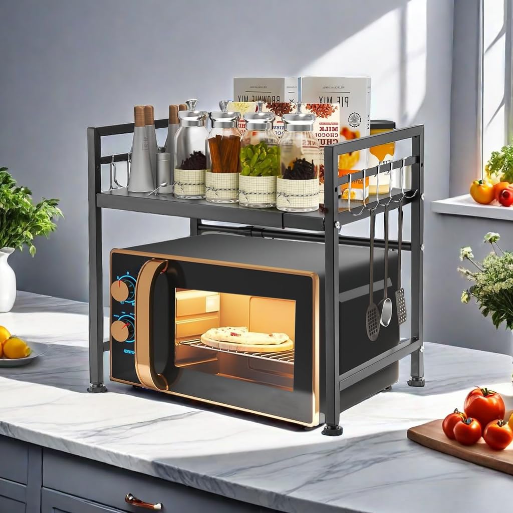 Etagere micro ondes extensible 40-65 cm, etagere micro onde vertical avec 6 crochets en S, support de cuisine pratique pour plan de travail, organisateur de cuisine (Noir, 2 niveaux)