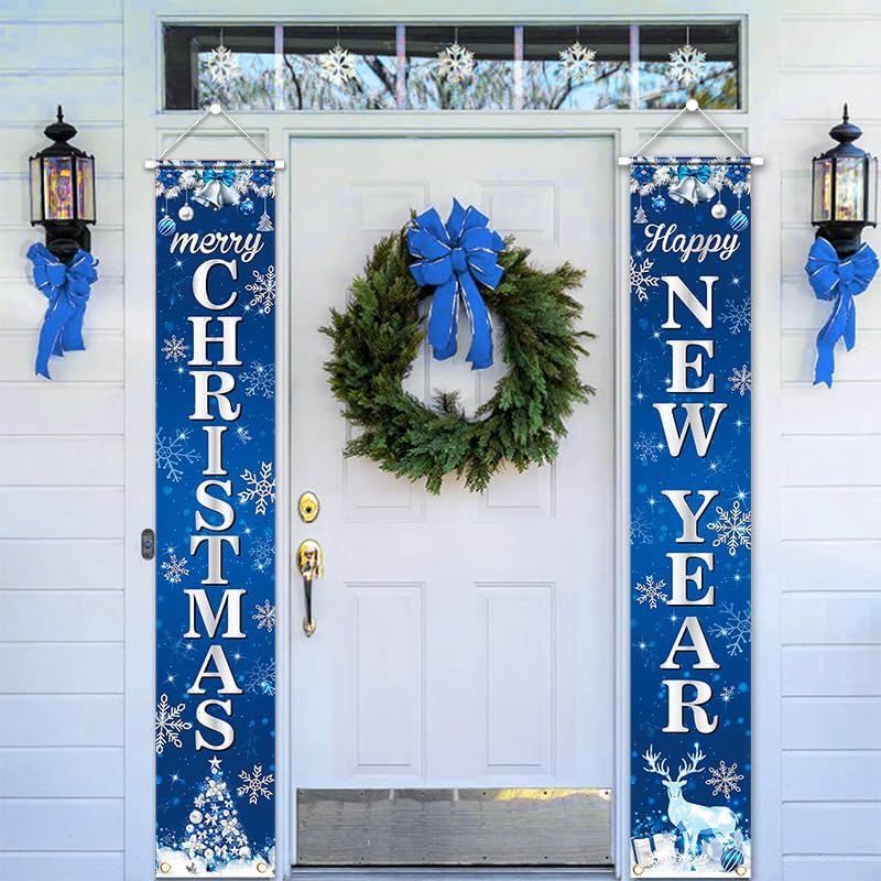 Blue Christmas Porch Banner - Merry Christmas Door Decorations for Blue Holiday Xmas Party