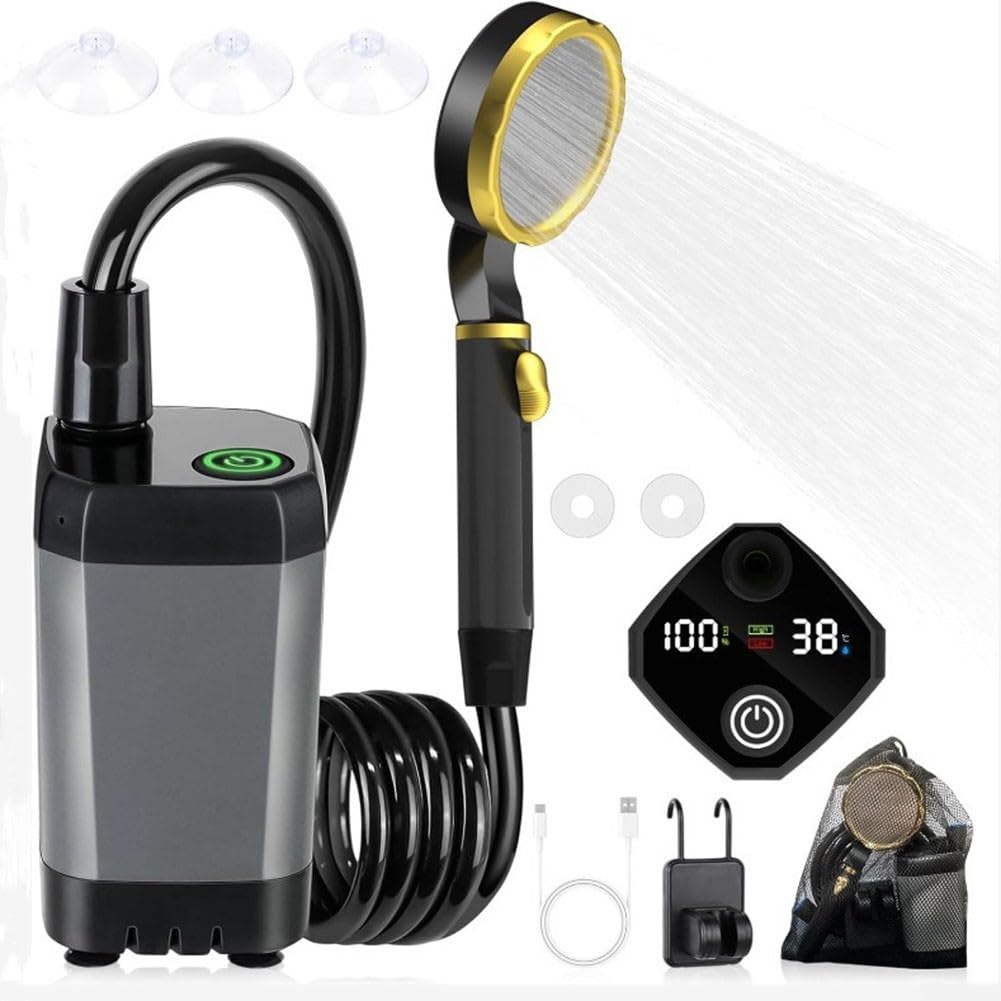 Rechargeable Camping Shower With LED Display, Portable Electric Pump, For Outdoor Hiking, Car Wash, Pet Bathing, USB-C Charging, Adjustable Flow, Gray or Black(7800mS gray)