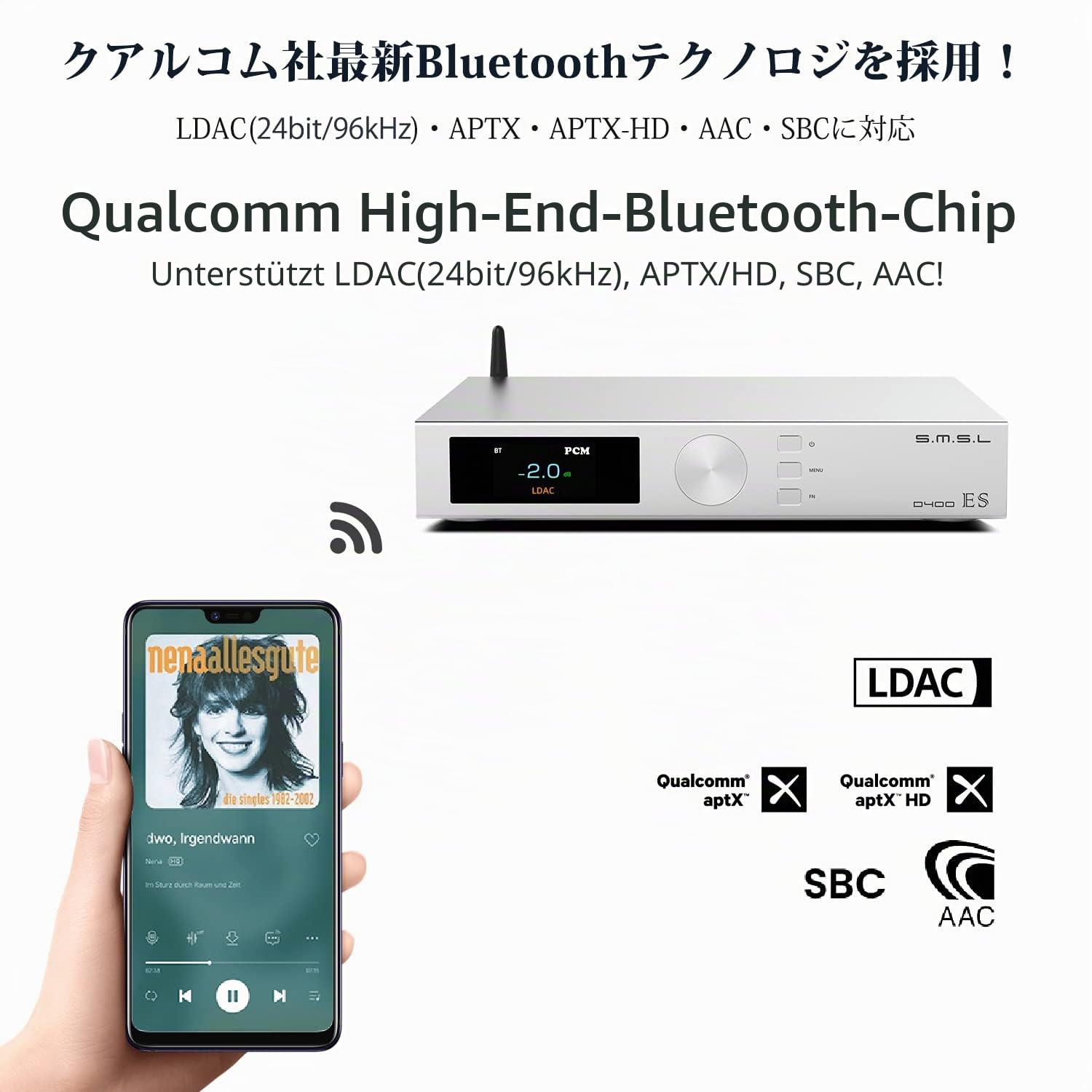 S.M.S.L D400ES Audio DAC, ES9039MSPRO Chip, MQA Hard Decoding XMOS XU-316 DSD512 PCM aptX THD+N 0.00005%(-125dB), USB/Optisch/Koaxial/Bluetooth/I²S/AES Eingang mit Fernbedienung