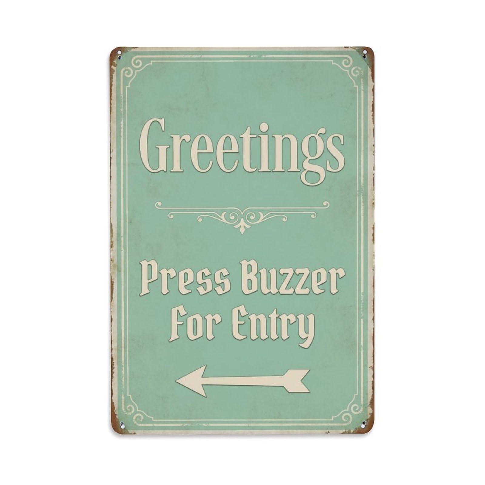 Metal Tin Sign Vintage Greetings Press Buzzer For Entry Arrow Border