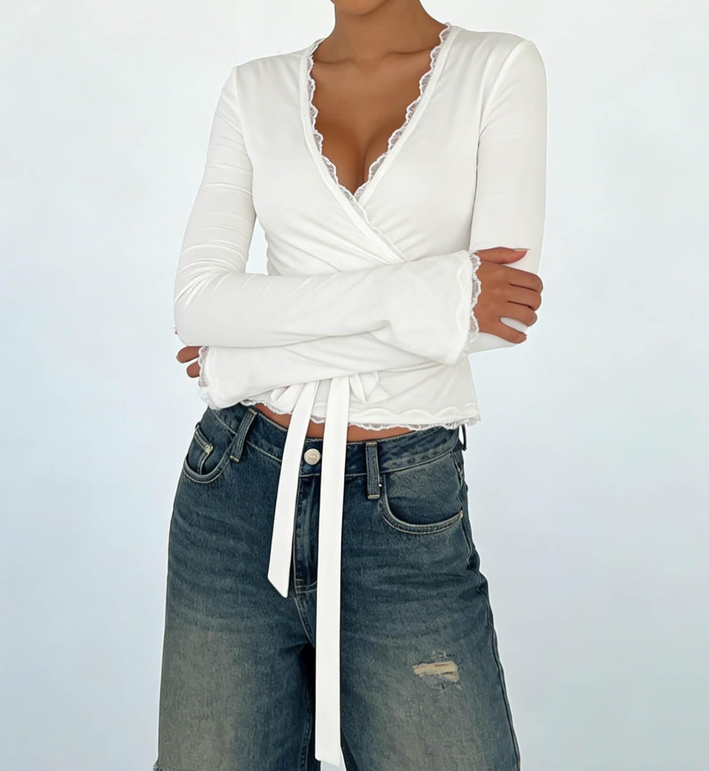 Womens Y2k Lace Sheer Mesh Crop Tops Long Sleeve Deep V Neck Cross Wrap Blouses Slim Fit Fairy Coquette T-Shirts - Image 2