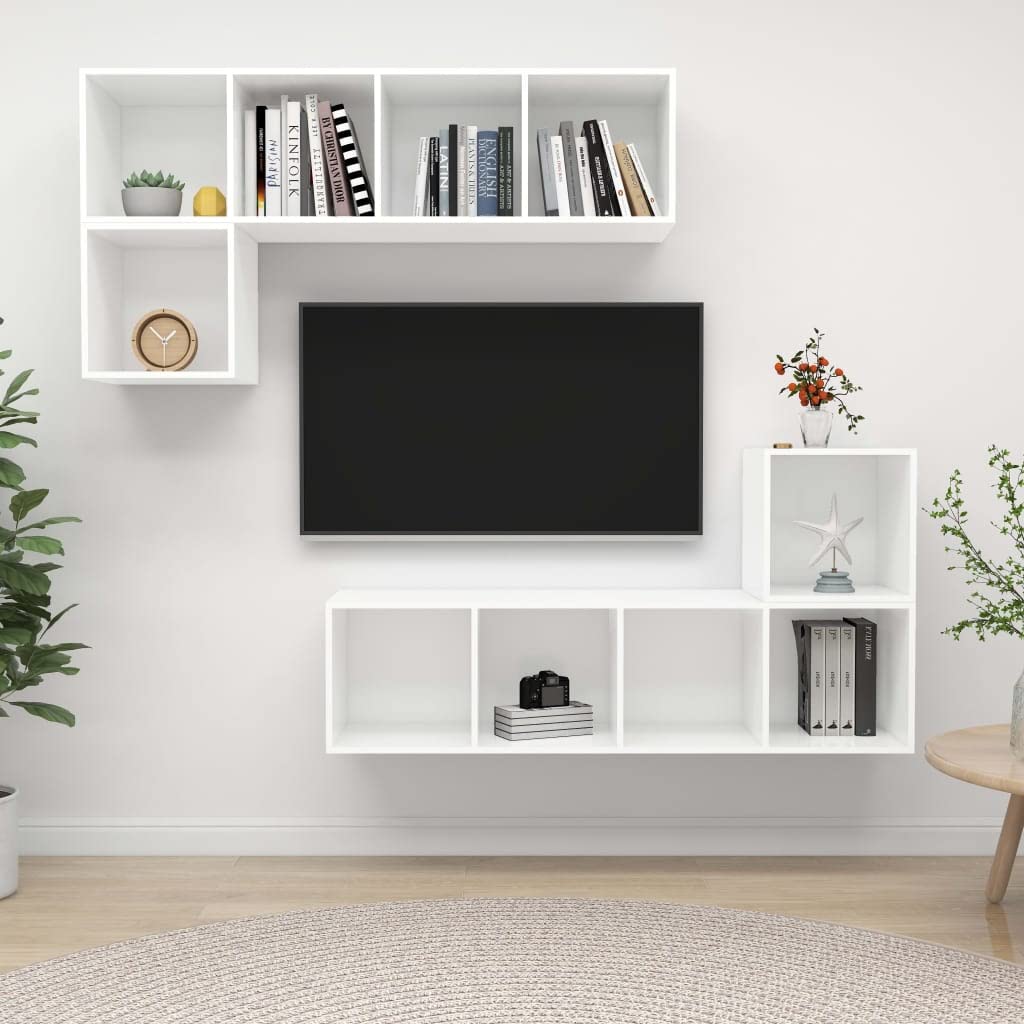 Juego de 4 muebles de TV colgantes en color blanco, moderno juego de mueble bajo para montaje en pared, mueble de TV de madera, armario de TV con espacio de almacenamiento para sala de