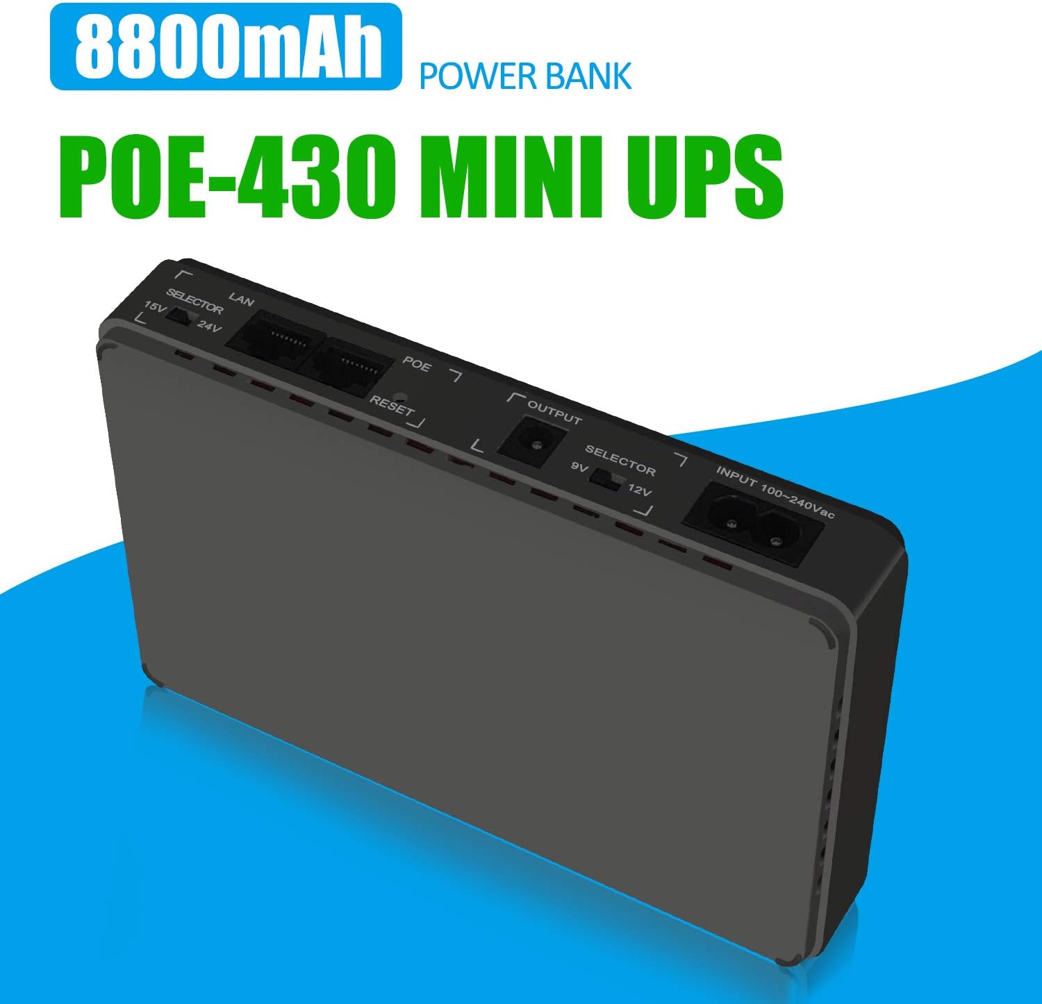 Uninterruptible power supply 100V~240V AC Input 5V/9V/12V/15V/24V Output Ethernet Over Power 2 Port POE UPS Switch 8800mAH Power Bank Portable Power Mini UPS For Camera Phone Monitor and More