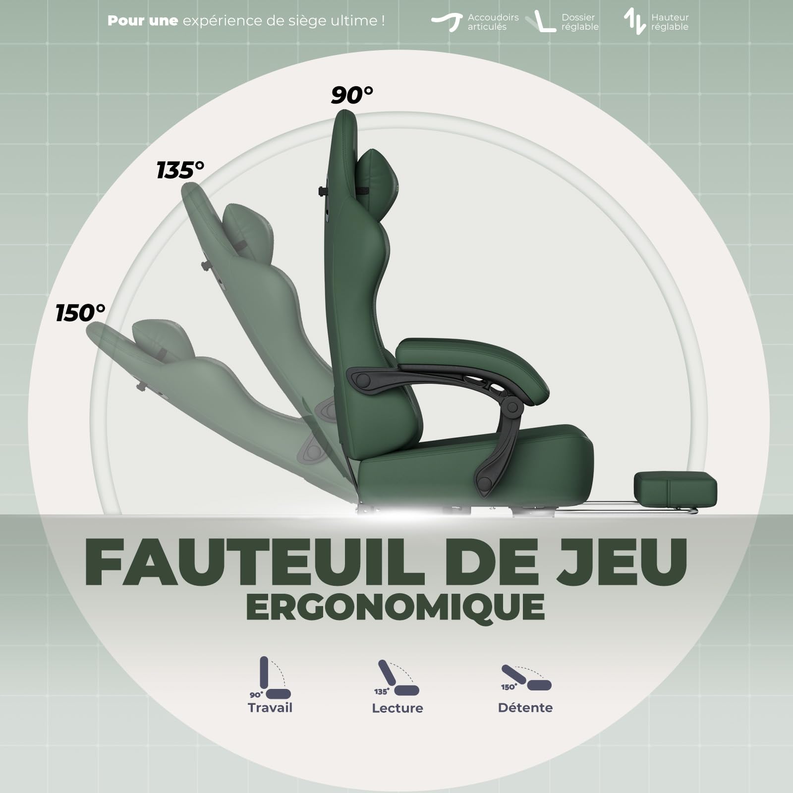 GTPLAYER Chaise de Gaming - Respirante - Ergonomique - Simili Cuir de qualité supérieure - Chaise Ergonomique en Polycarbonate - Dossier réglable à 160° et Repose-Pieds Extensible -Charge 180 kg -Vert