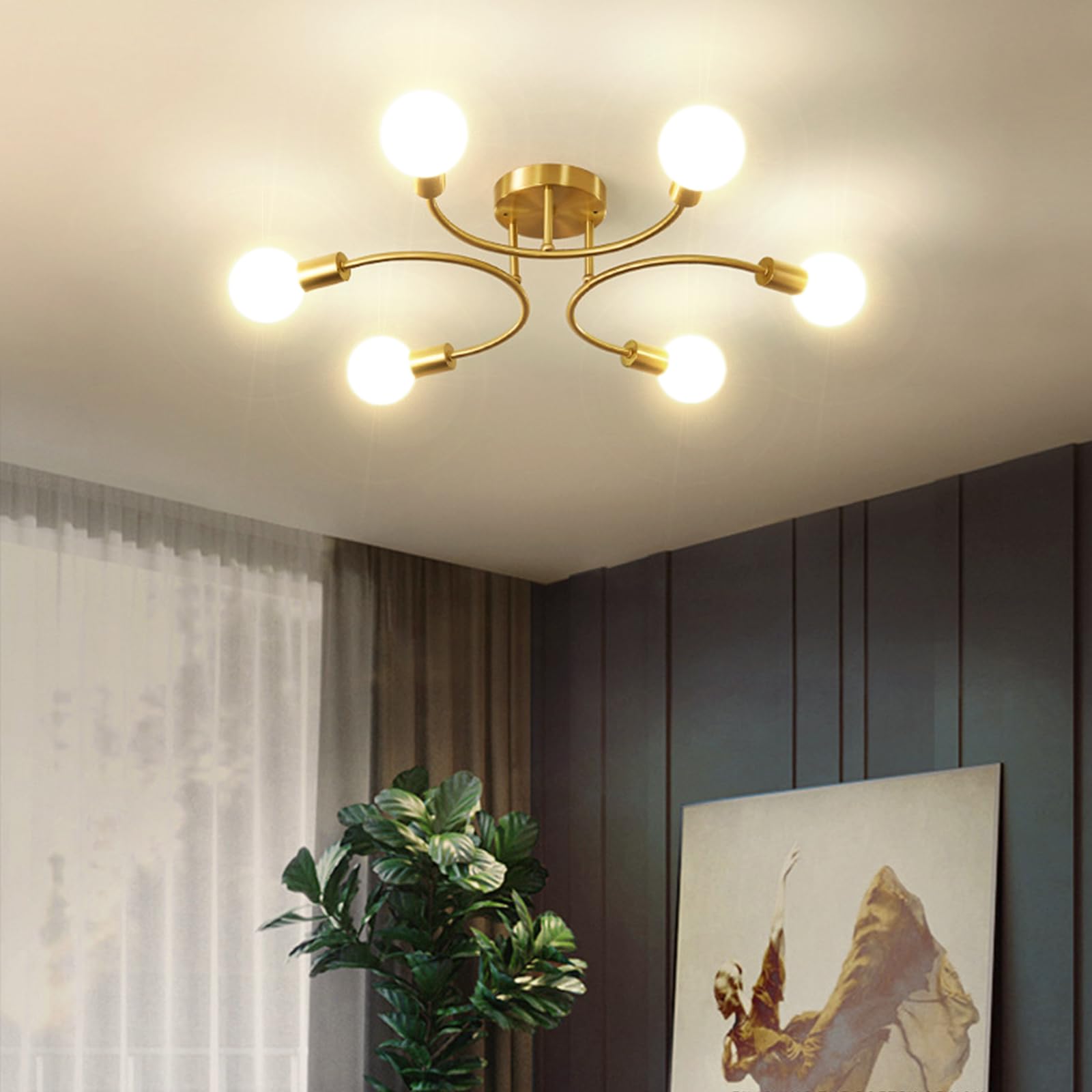 Lámparas de Techo Retro,6 Luces Lámparas de Techo industriales,Plafon Sputnik E27,Lámpara de Araña Dorada para Dormitorio,Sala de Estar,Cocina,Comedor,Ø70CM(Sin Bombilla)