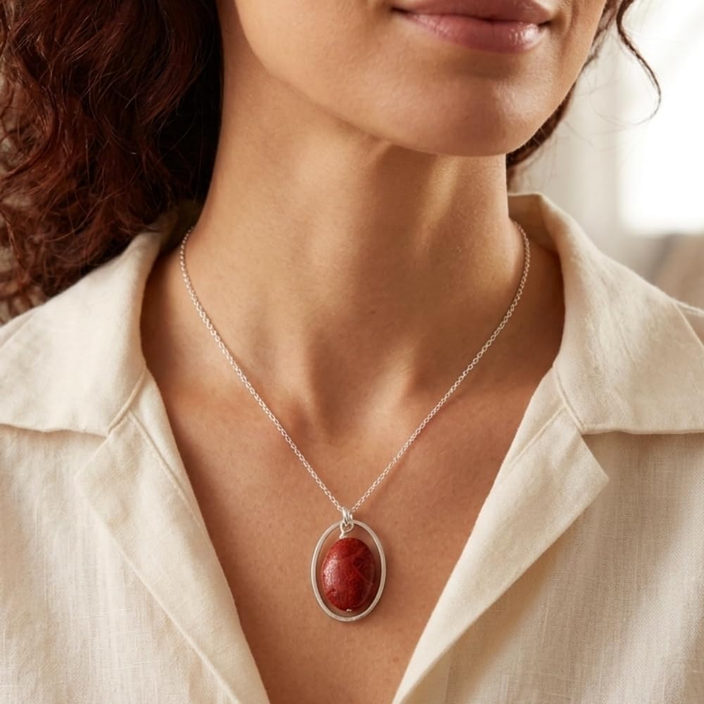 Collana con ciondolo a forma di corallo e argento Sterling, lunghezza totale 42,5 cm, catena modello Forzata, confezione regalo