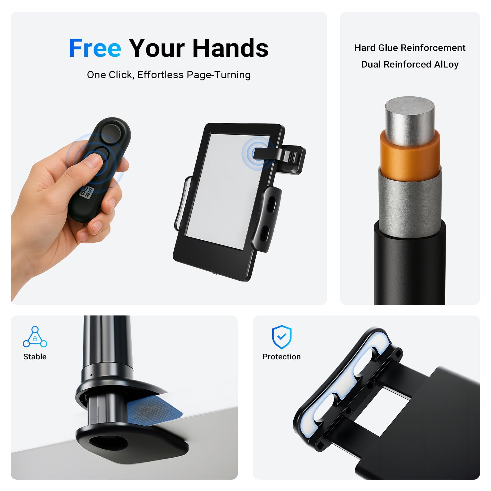 USOR Supporto per tablet a collo d'oca con telecomando per Kindle, supporto regolabile per leggere Kindle a letto, regali per gli appassionati di lettura
