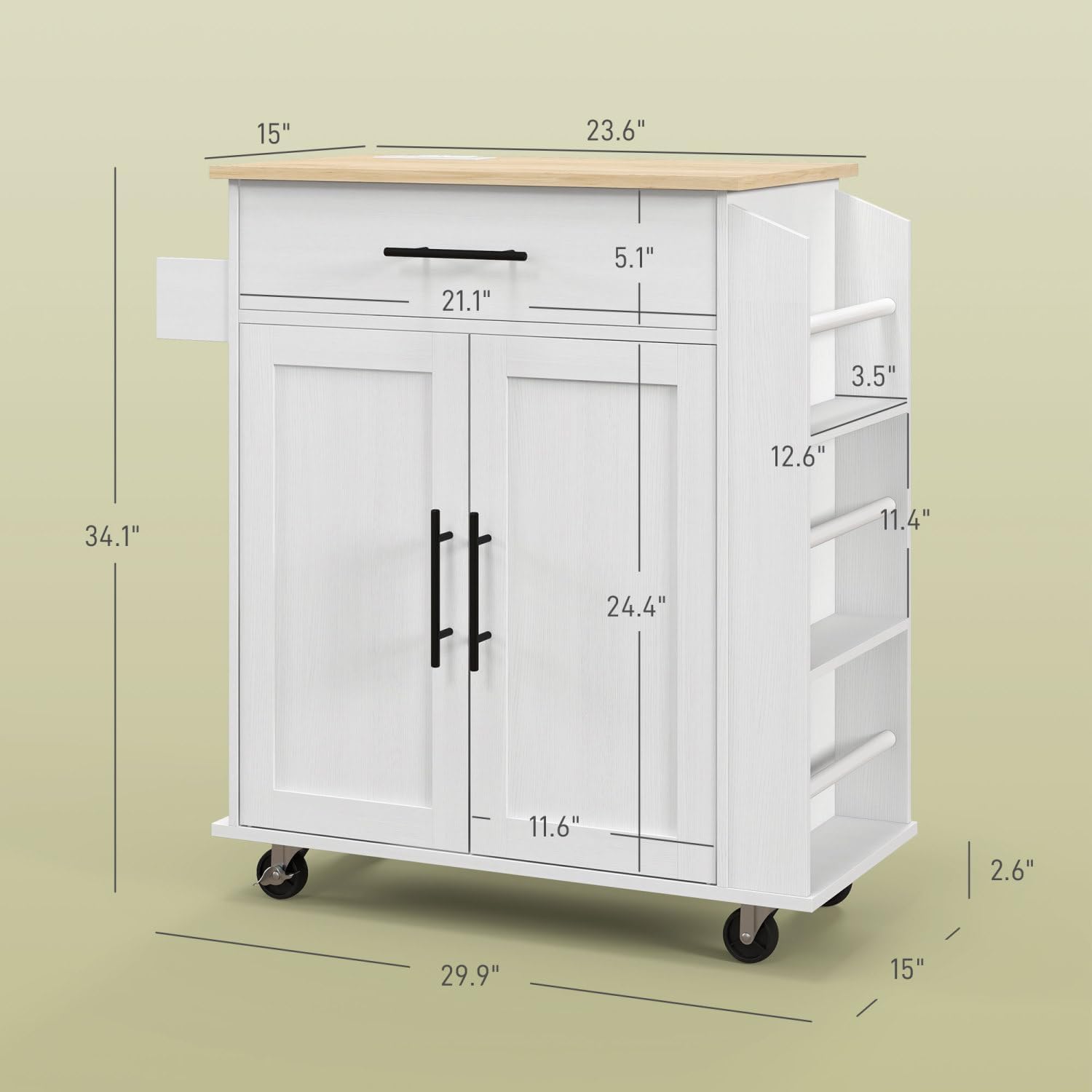 Rolling Kitchen Cart with Ac Outlets, USB Ports, and Storage - White