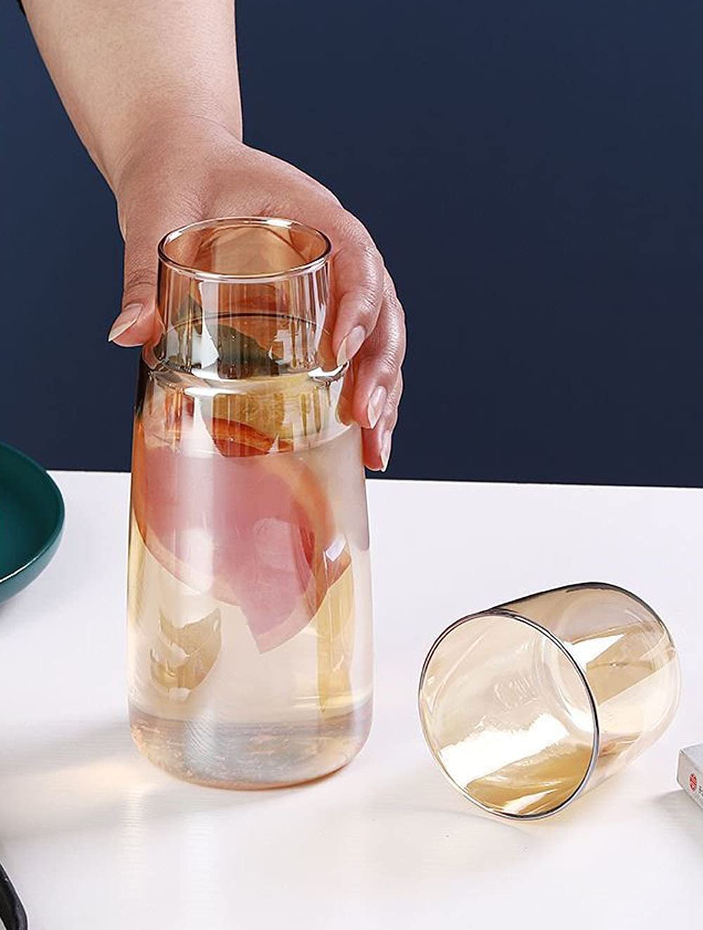 Juego de jarra de agua de noche de cristal con vaso, jarra y taza de noche