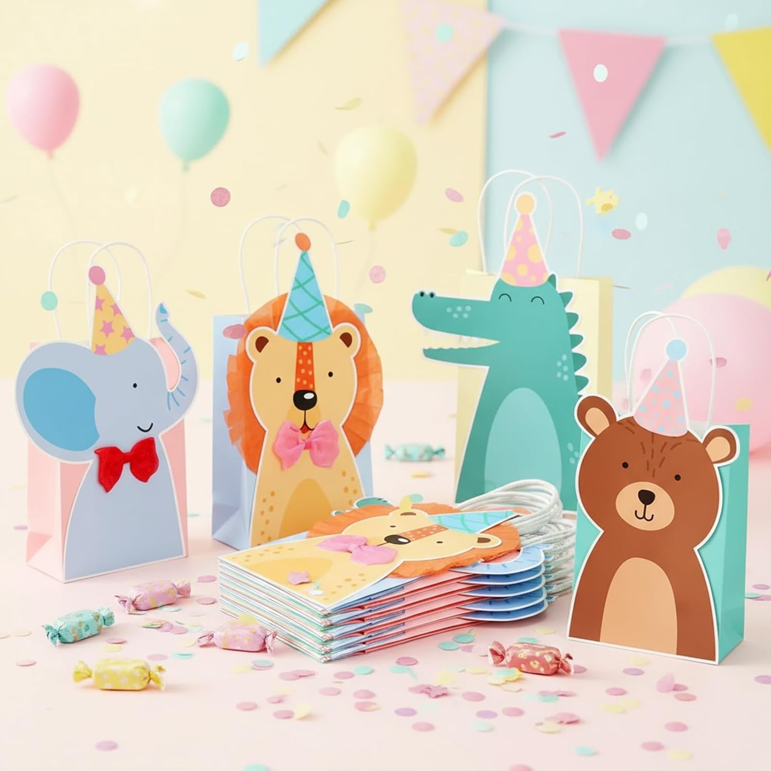 Marspark 20 Pcs Animal Parade Party Gifts Bags with Handles Cute Safari Animal Design Woodland Jungle Paper Bags for Jungle Theme Baby Shower Zoo Wild Birthday Party Supplies
