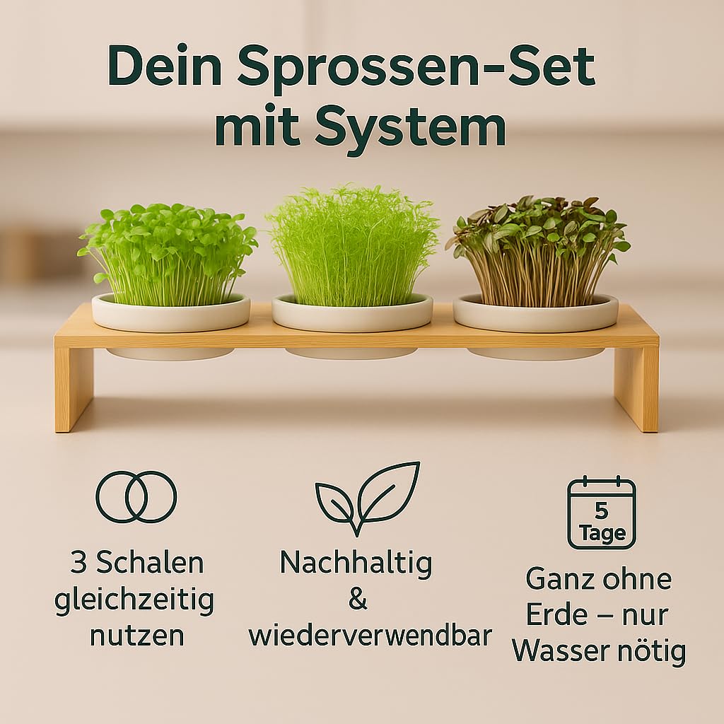 Glücksmoment Kressebank 42cm mit 3 Keramik Kresse Anzuchtschalen für Kressesamen, Sprossen & Microgreens, Sprossen Anzuchtset, Anzuchtregal, 3 Anzuchttöpfe, 3 x Keimschale mit Kressesieb, Keimschalen