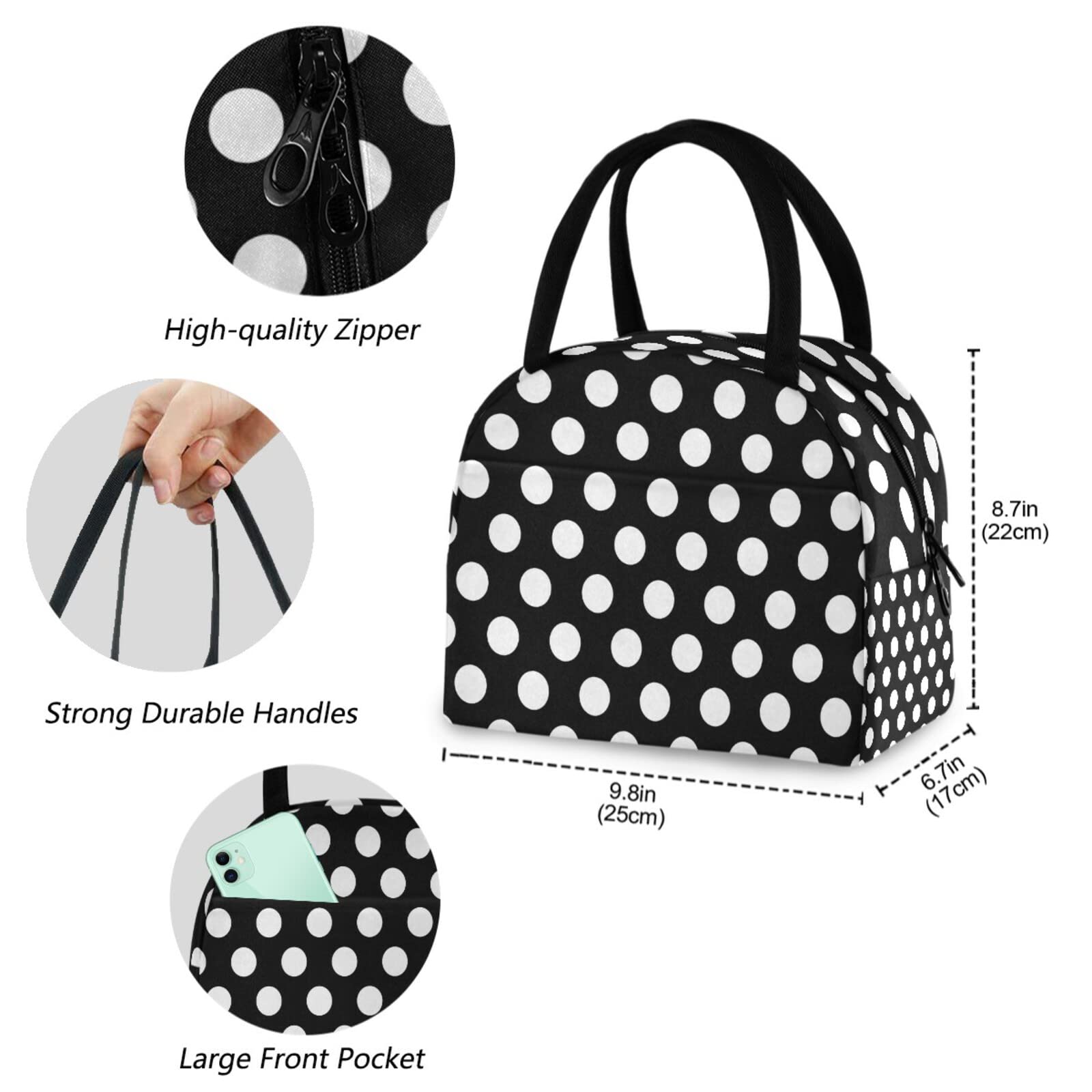 ZzWwR Cute White Polka Dots Pattern Reusable Lunch Tote Bag with Front Pocket Zipper Closure Insulated Thermal Cooler Container Bag for Man Women Work Picnic Travel Beach Fishing