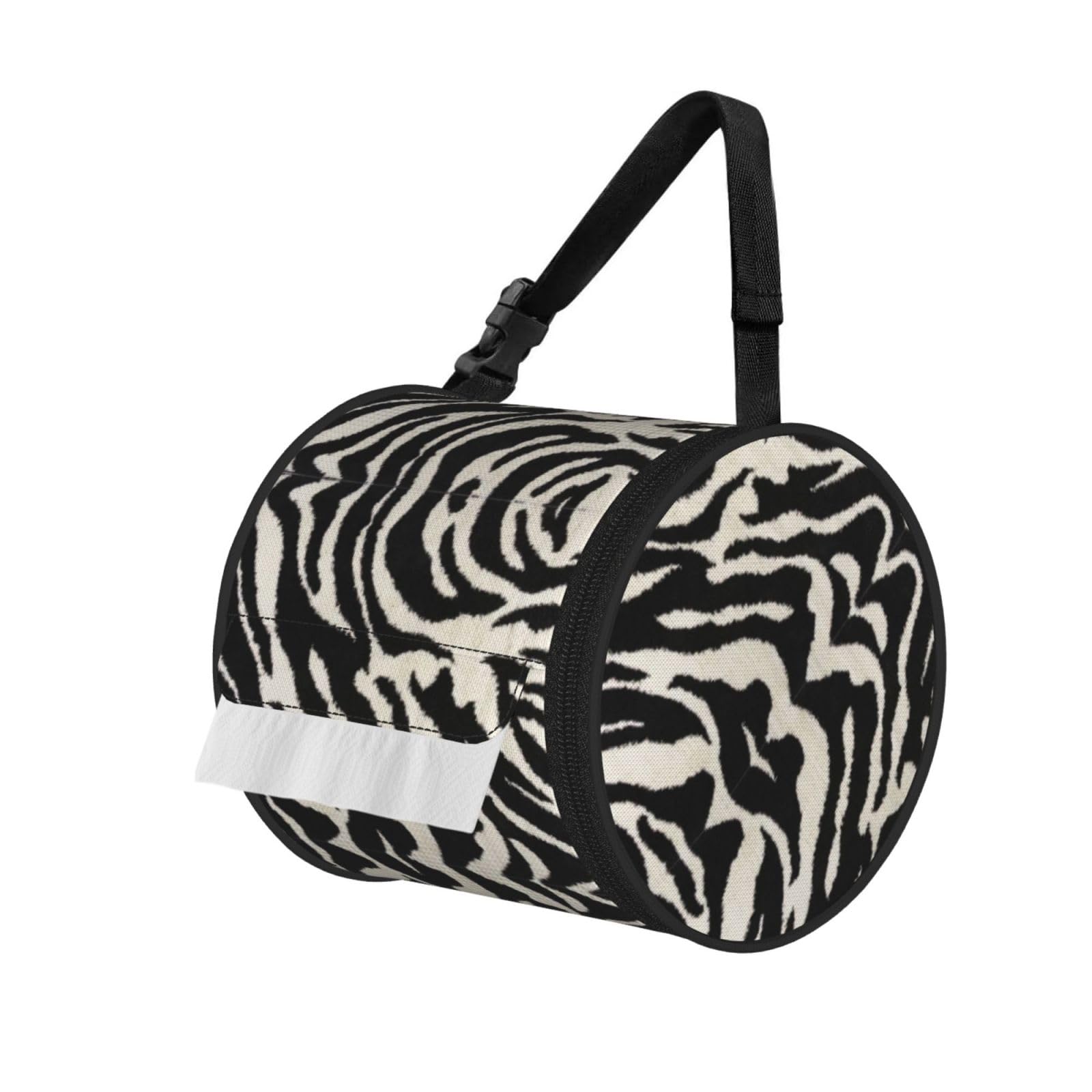 Zebra Animal Print Round Paper Tissue Holder With Shoulder Strap, Portable Roll Case For Caravan Travel Use