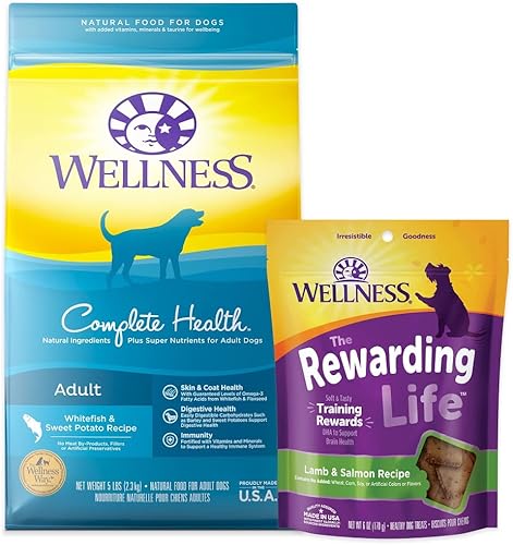 Wellness Paquete de prueba de alimentos y golosinas para perros comida seca completa de salud, pescado blanco 5 libras y golosinas suaves Rewarding