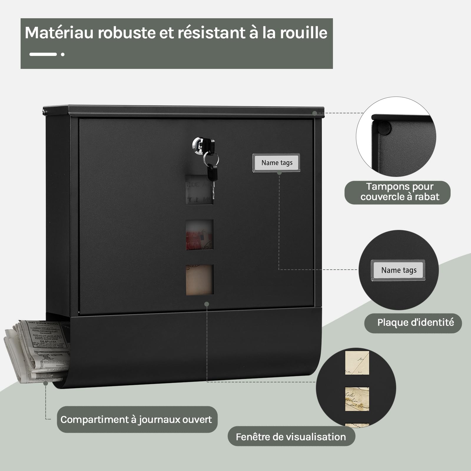 WOLTU Boîte aux Lettres, Boîte Postale avec Serrure, Postbox Extérieur avec 3 Fenêtres Transparentes, Plaque Nominative et Zones Divisées, Noir, 37x37x10,5 cm