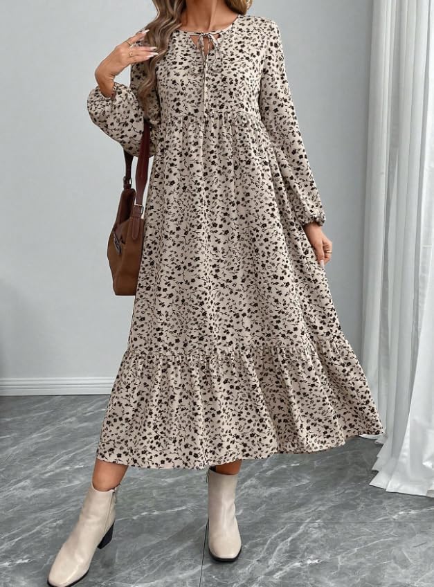 Women's Autumn Long-Sleeved Round-Neck Pleated Floral Dress a Casual and Flowing Long Dress - Image 3