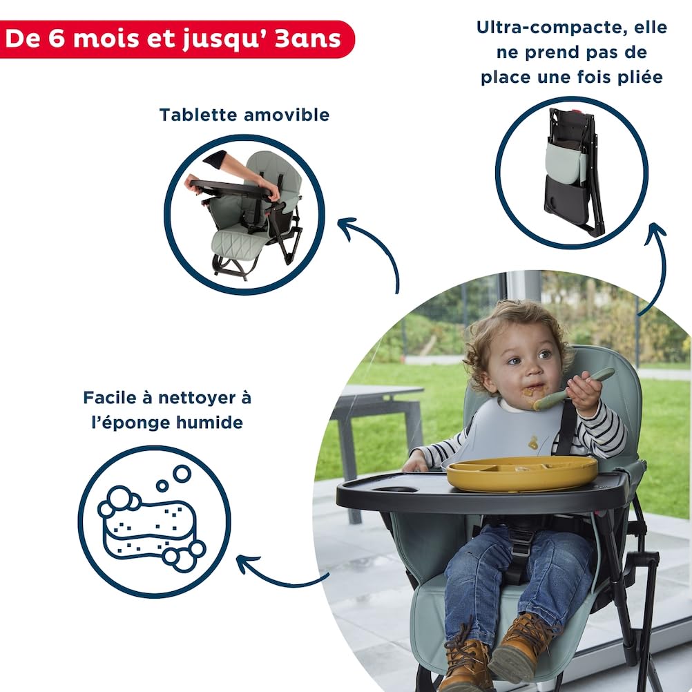 THERMOBABY - Chaise haute pliable HANDY pour Bébé - Pliage Rapide et Facile - Entretien facile - Tablette Amovible