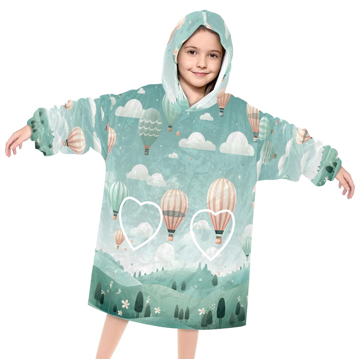 Pardick Wearable Blanket Hoodie for Kids, Air Balloon Fleece Sweatshirt Blanket Oversized Blanket Sweatshirt with Pocket Flannel Warm Hooded Blanket 6-10 Year Old Girl Boy Gift, One Size